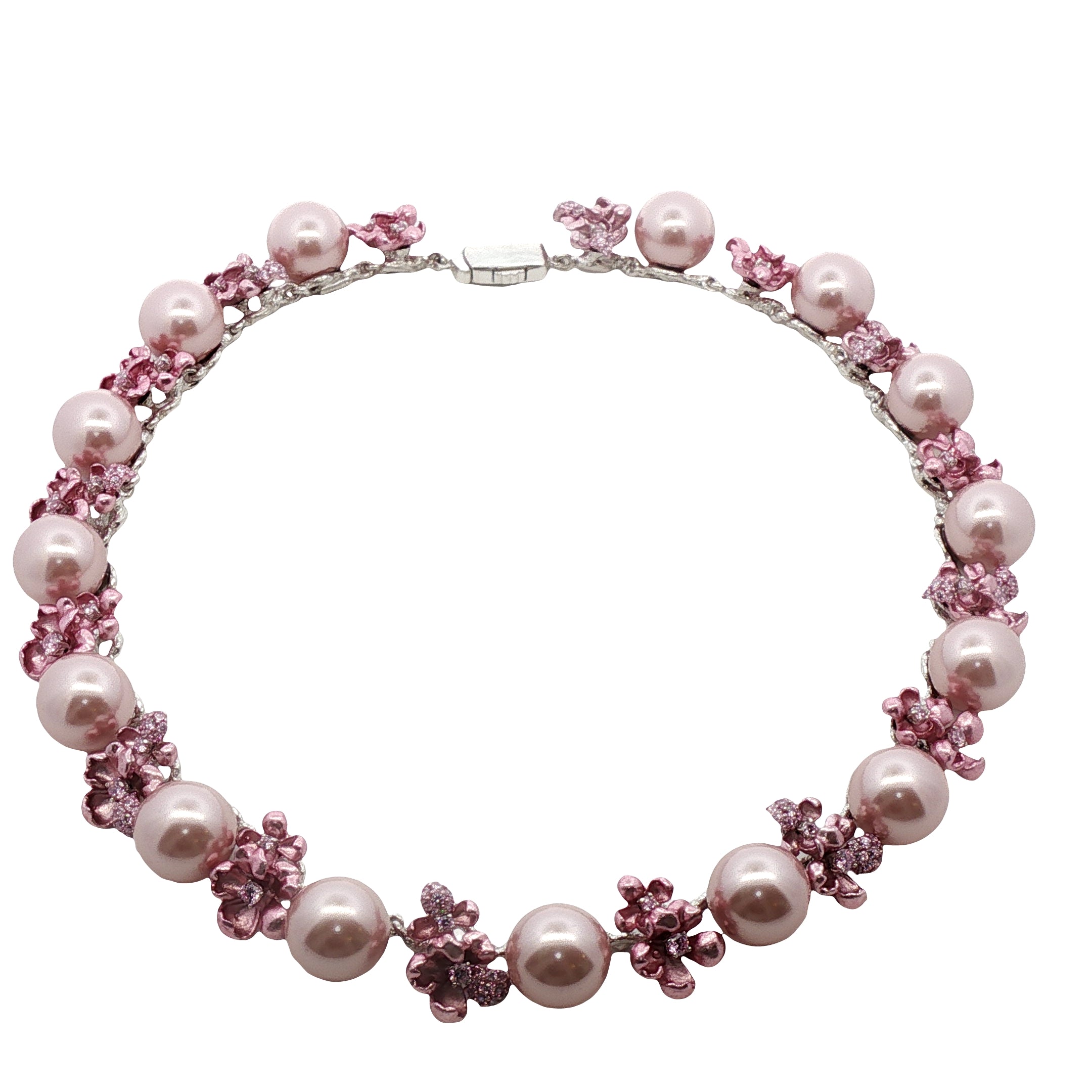 925SL FLOWERS ALUMINIUM PINK AND PEARLS PINK CZ NECKLACE