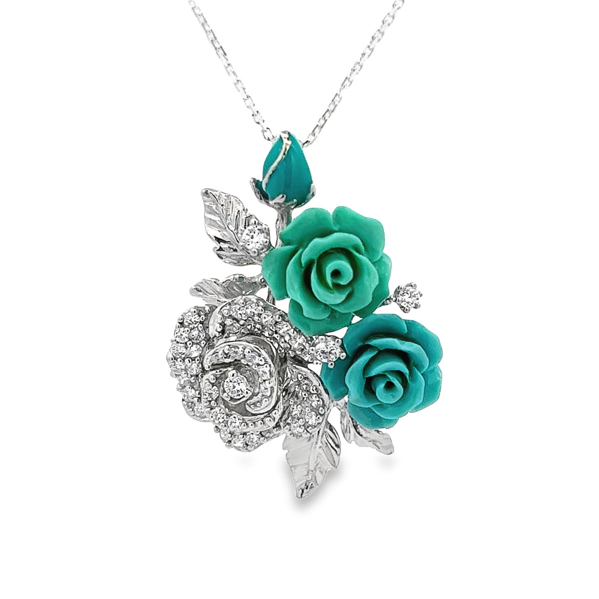 925 PENDANT WITH TURQUOISE ROSES AND CRYSTALS