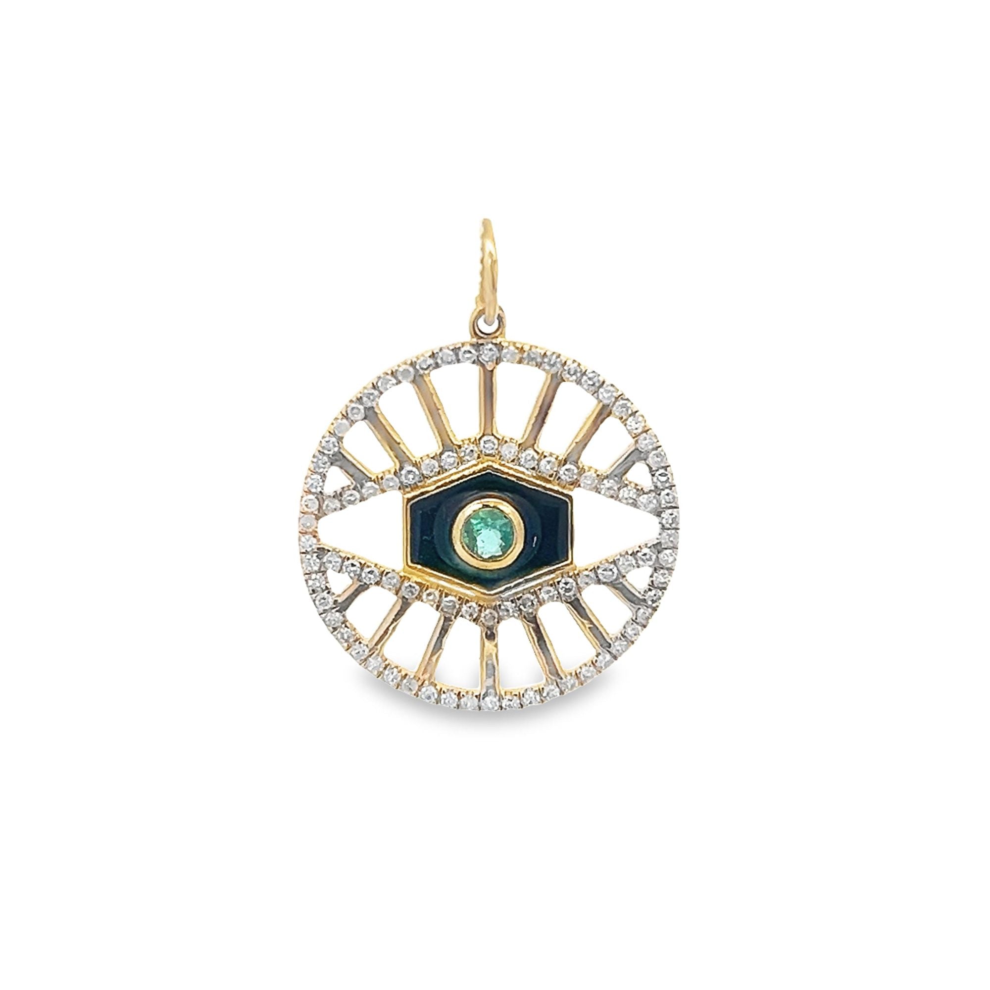 D0.39CT 14KY CIRCLE WITH EYE RECTANGLE IN THE CENTER AND LINES PENDANT EM0.16CT