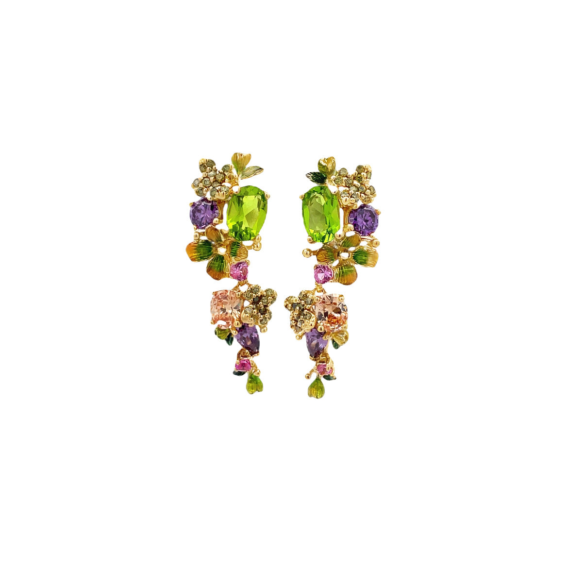 LONG EARRINGS WITH GREEN OVAL CRYSTAL WITH PURPLE AND PINK FLOWERS