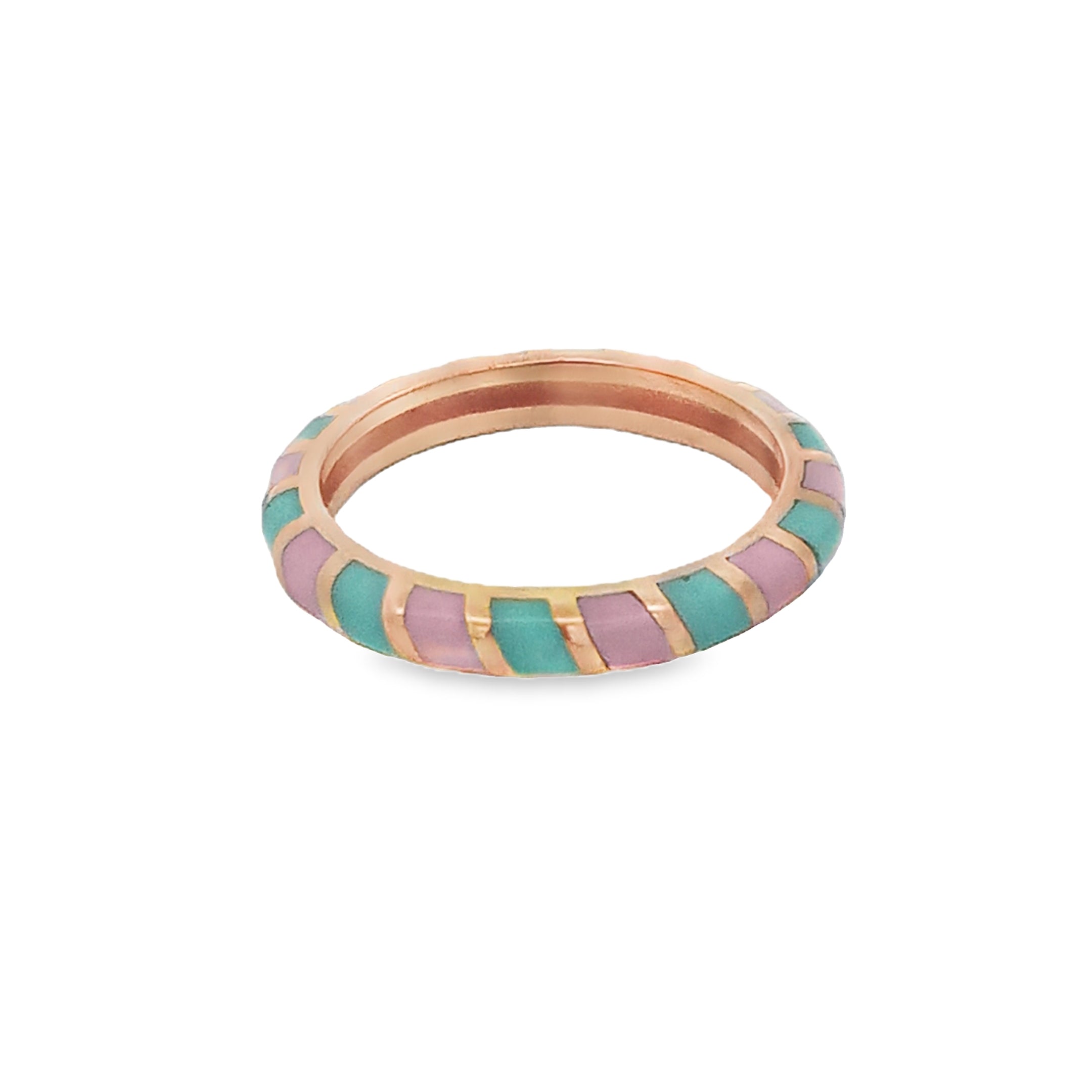 ANILLO INFINITO DE ESMALTE ROSADO CELESTE Y MORADO EN PLATA 925 CON BAÑO DE ORO AMARILLO