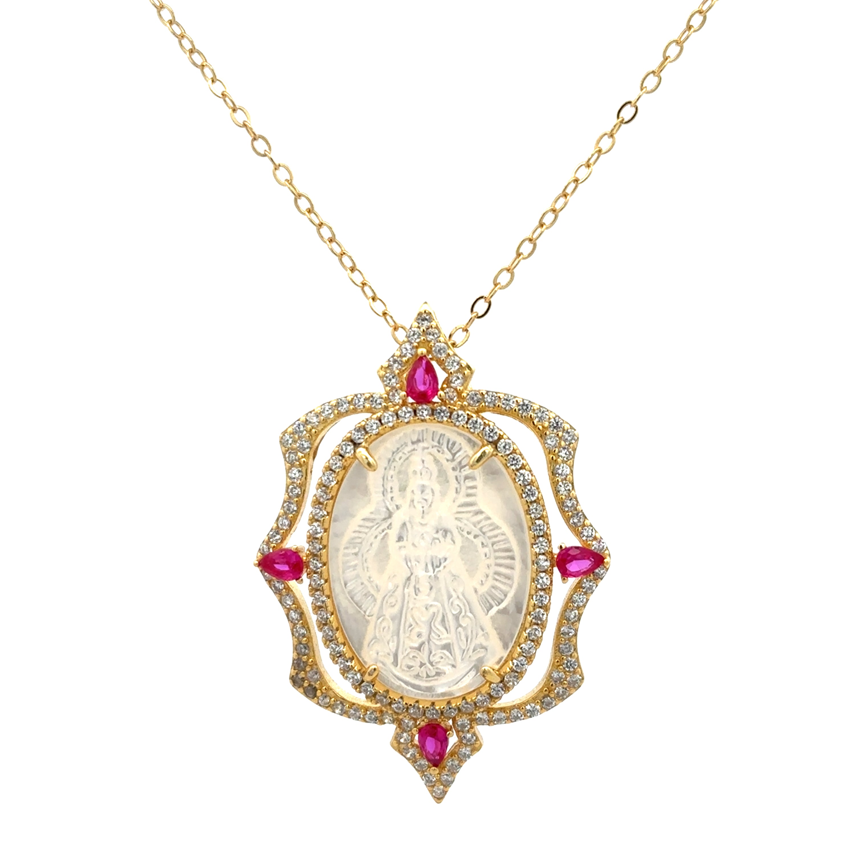 NECKLACE 925 SILVER VIRGIN OF THE ROSARY WITH STONES RED