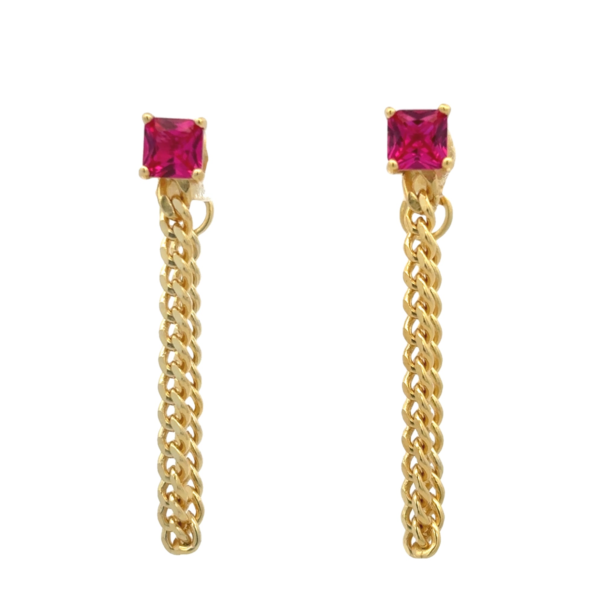 925 SILVER  ARETES GD CON CADENA Y CRISTAL ROSADO