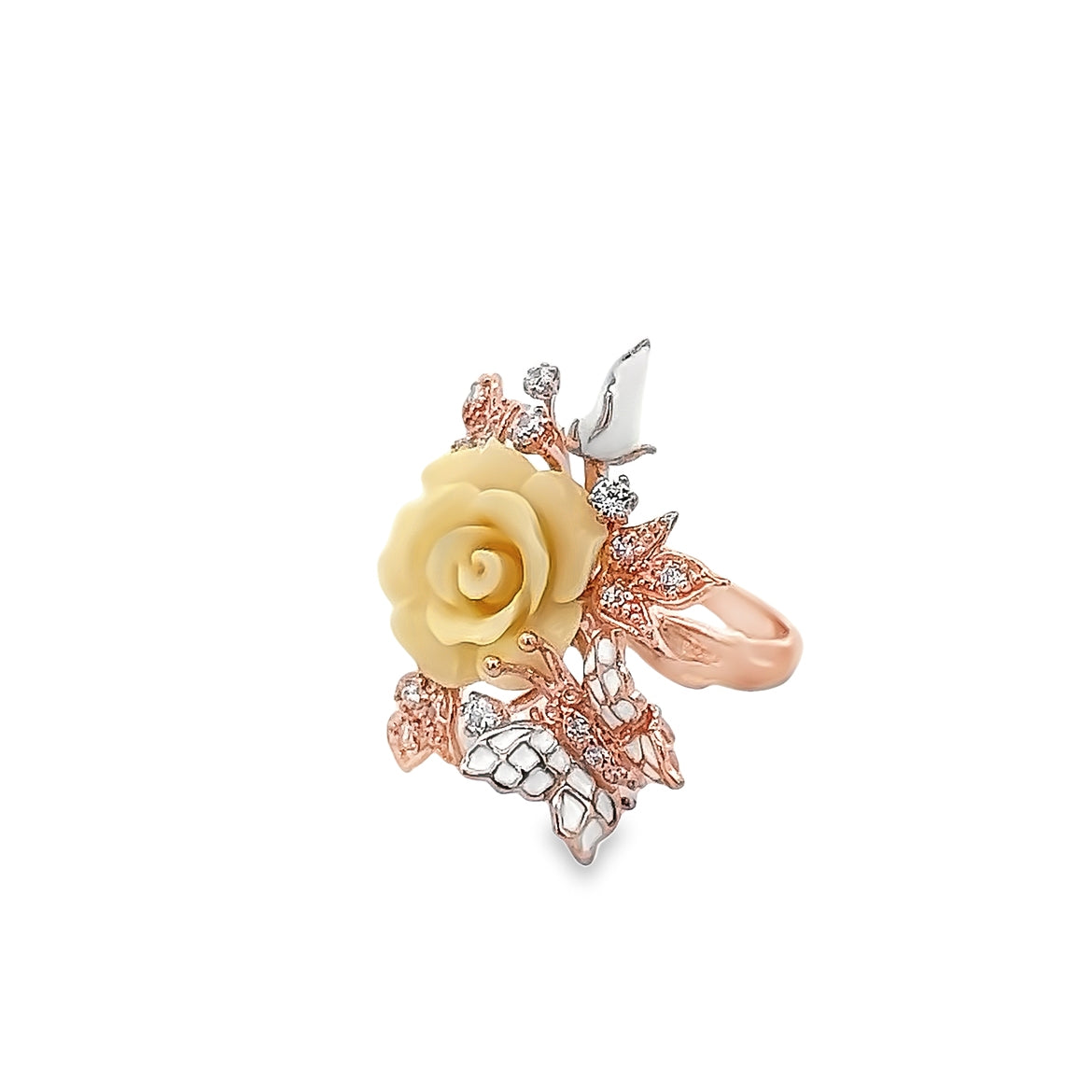 RING SILVER CENTER FL  WHITE CZ ENAMEL