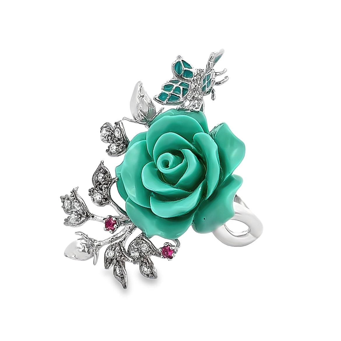 RING SILVER CENTER FL  SYN TURQUOISE ENAMEL