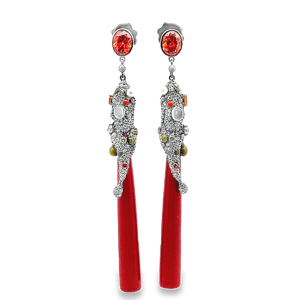 EARRING SILVER CENTER SYN CORAL RED MOONSTONE OLIVE ORANGE YELLOW WHITE