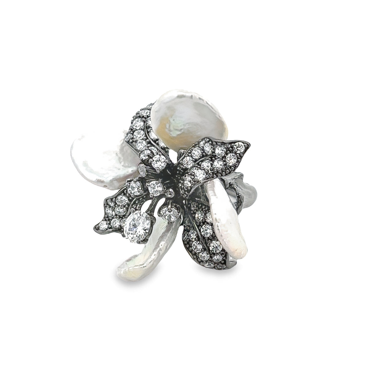 RING SILVER CENTER WHITE CZ FRESH WATER WHITE PEARL BP