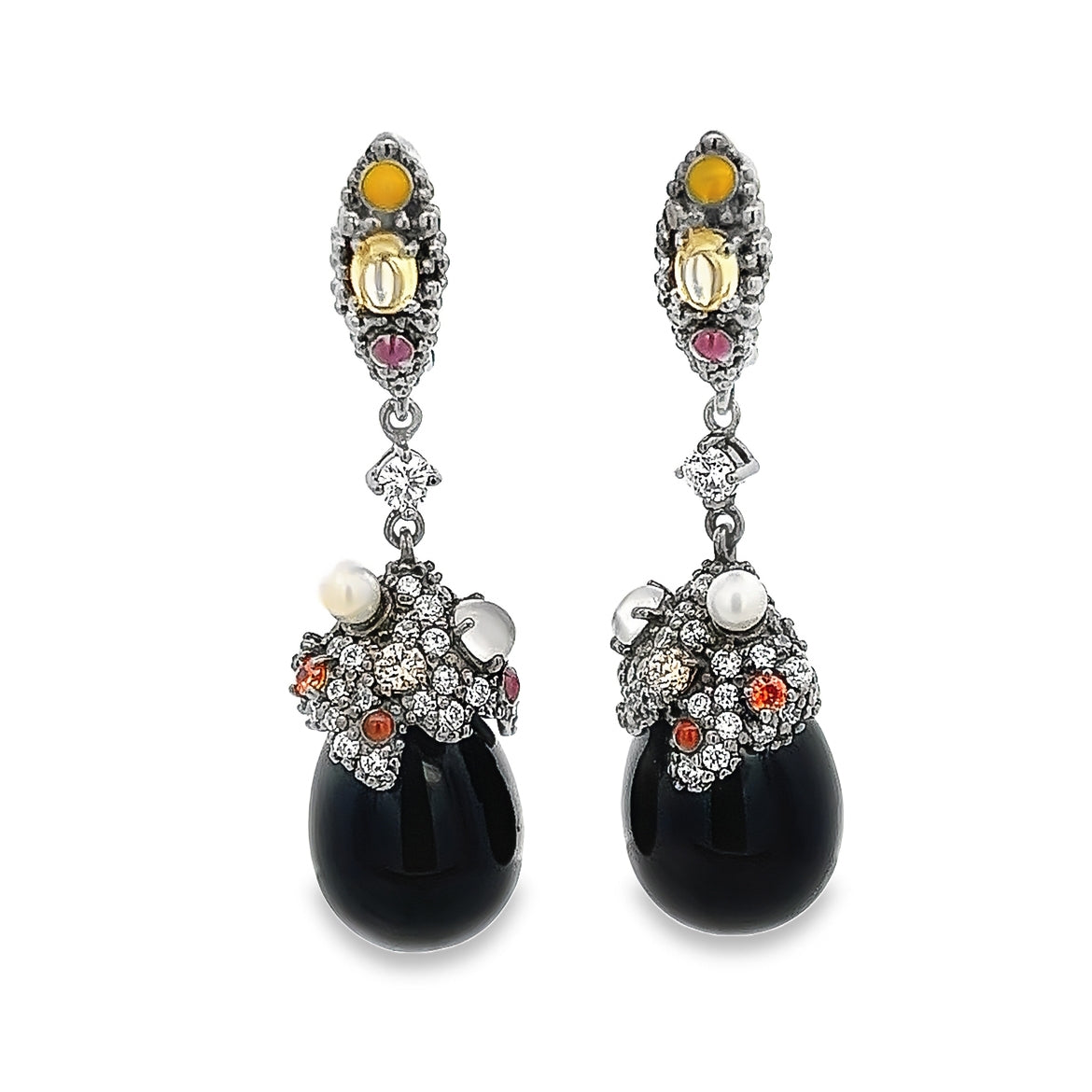 EARRING SILVER CENTER ONYX BLACK MOONSTONE ORANGE CHAMPANGE YELLOW WHITE