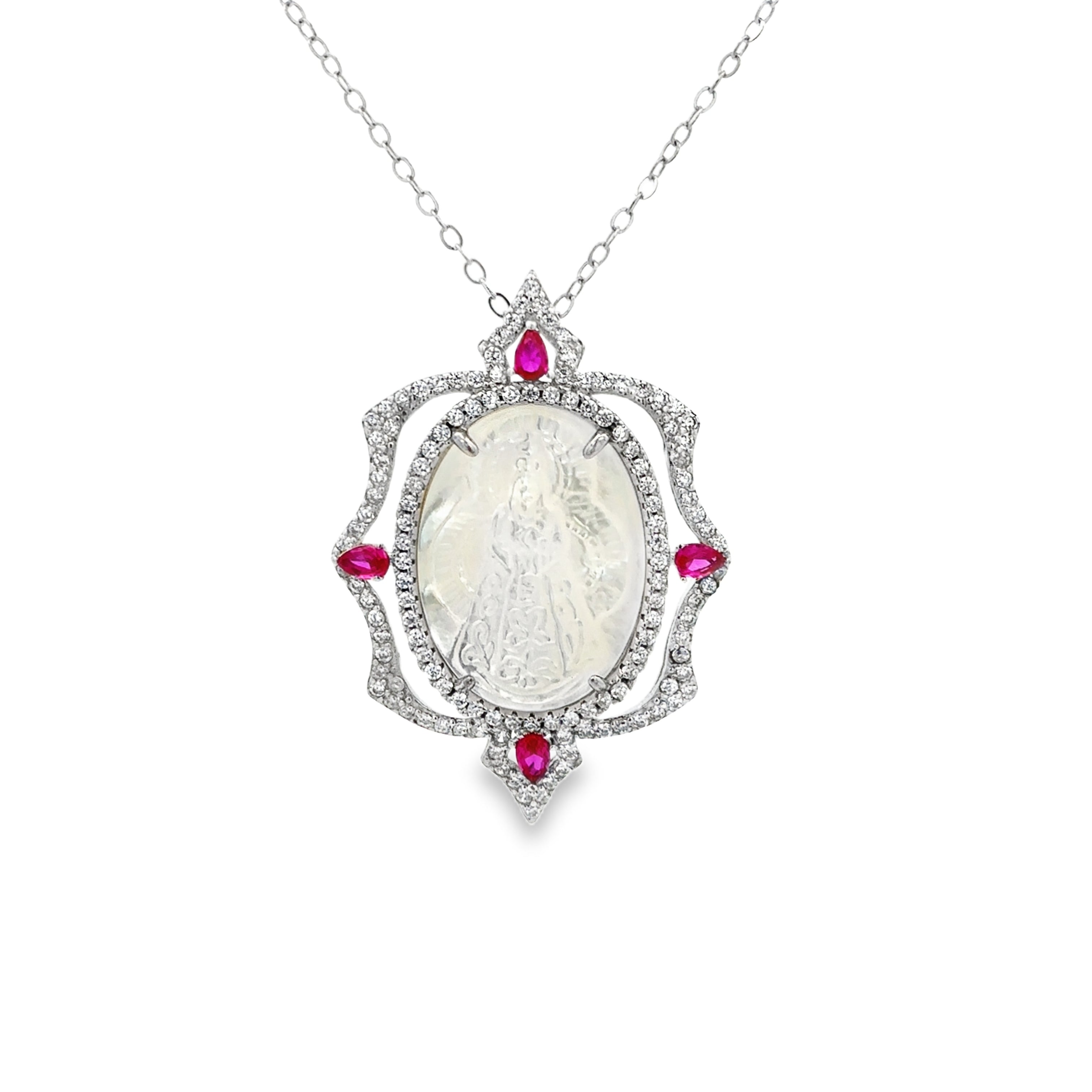 NECKLACE 925 SILVER VIRGIN OF THE ROSARY WITH STONES RED