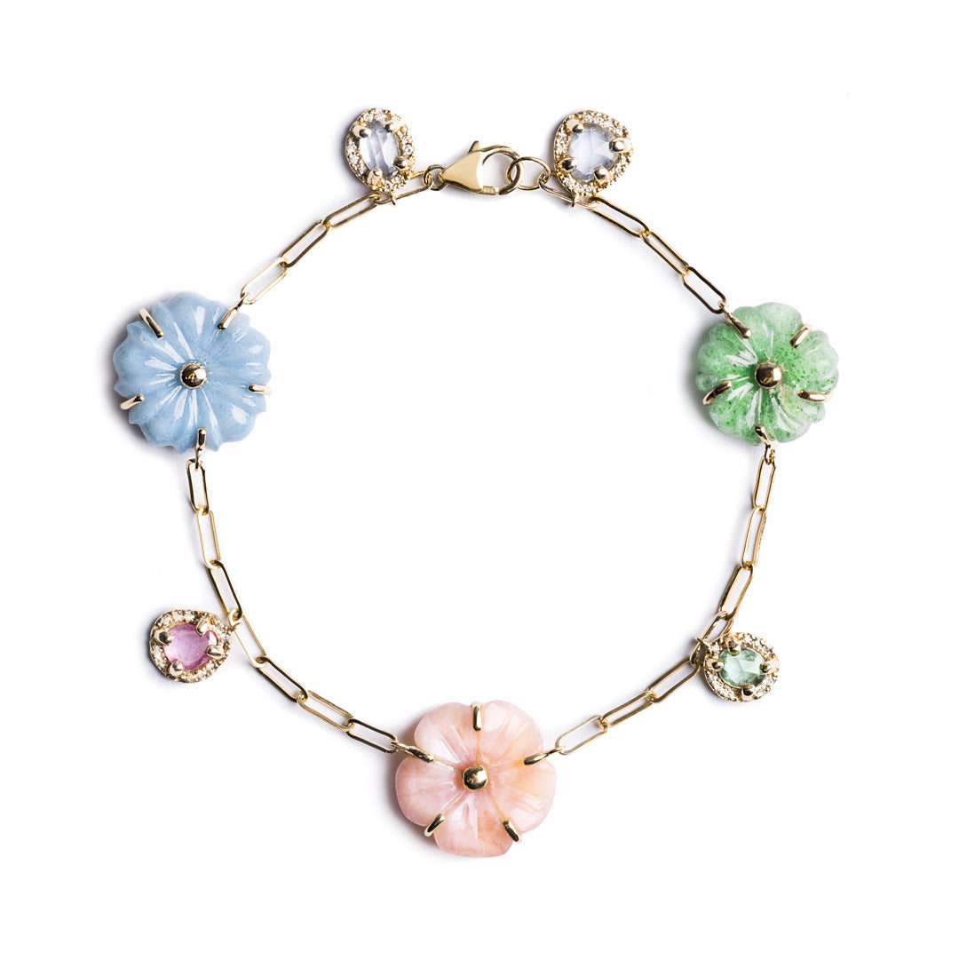 D0.23 CT PULSERA ORO AMARILLO 14KT CON FLORES CUARZO AVENTUNINA OPALO ROSADO Y CALCEDONIA