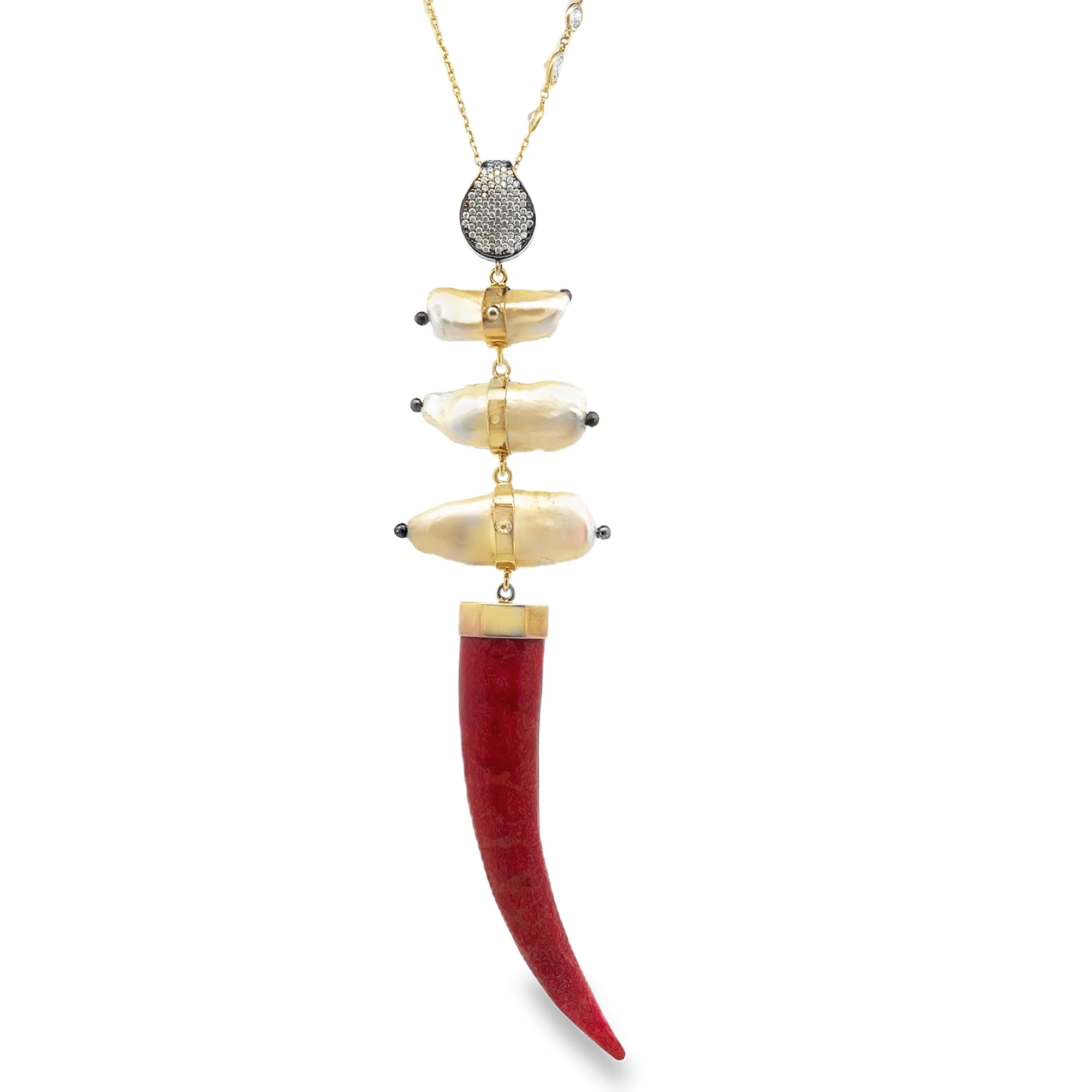 COLLAR ARO PLATA 925 CON BAÑO DE ORO AMARILLO Y DIJE DE CORAL CON CRISTALES Y PERLAS