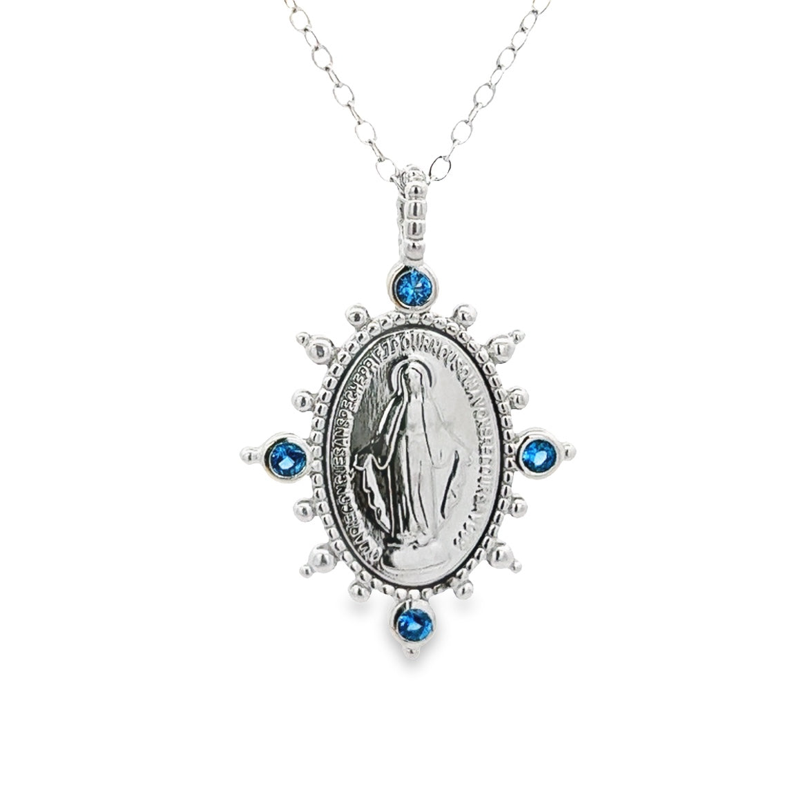 NECKLACE 925 SILVER VIRGIN OF THE MIRACULOUS MENDAL AQUA
