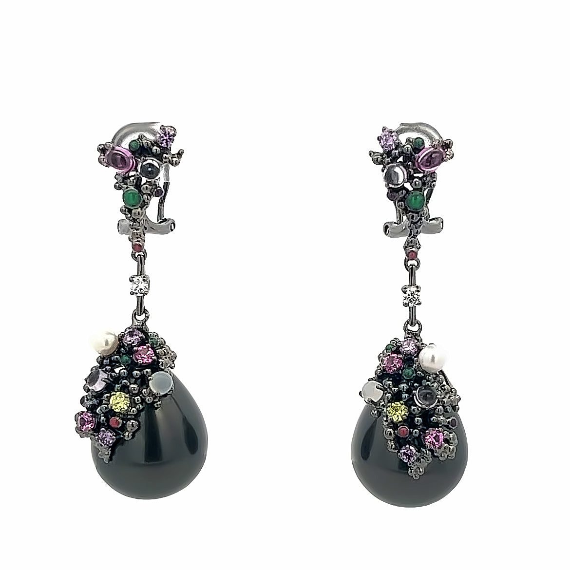 EARRING SILVER CENTER SYN BLACK PEARL MOON STONE SYN PINK OLIVE PURPLE WHITE