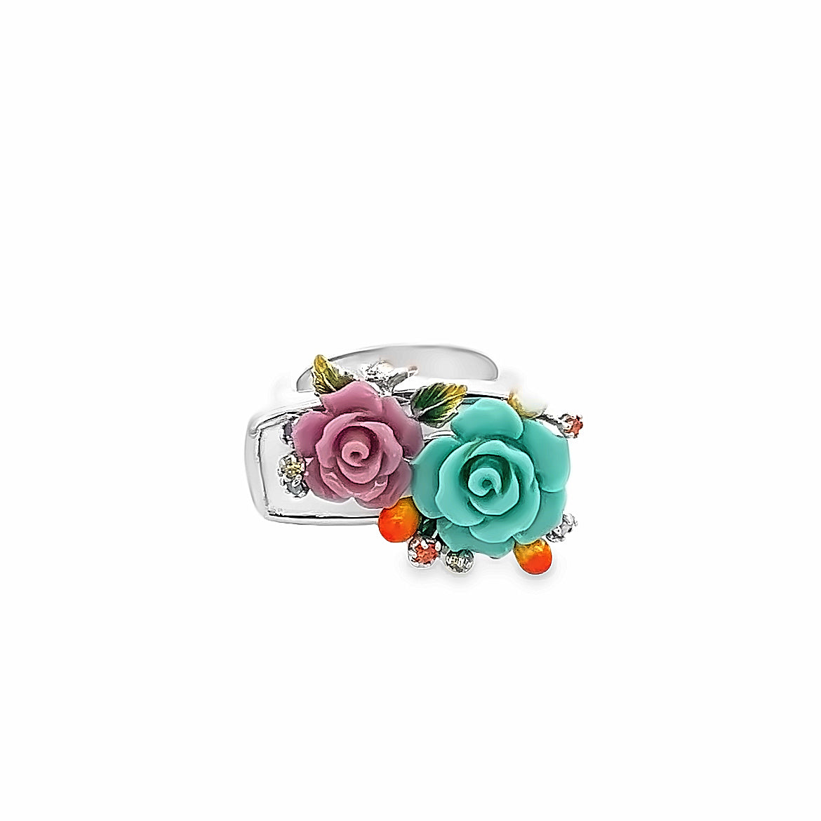 RING SILVER CENTER FL  TURQOUISE LAVENDER  MIX  CZ ENAMEL