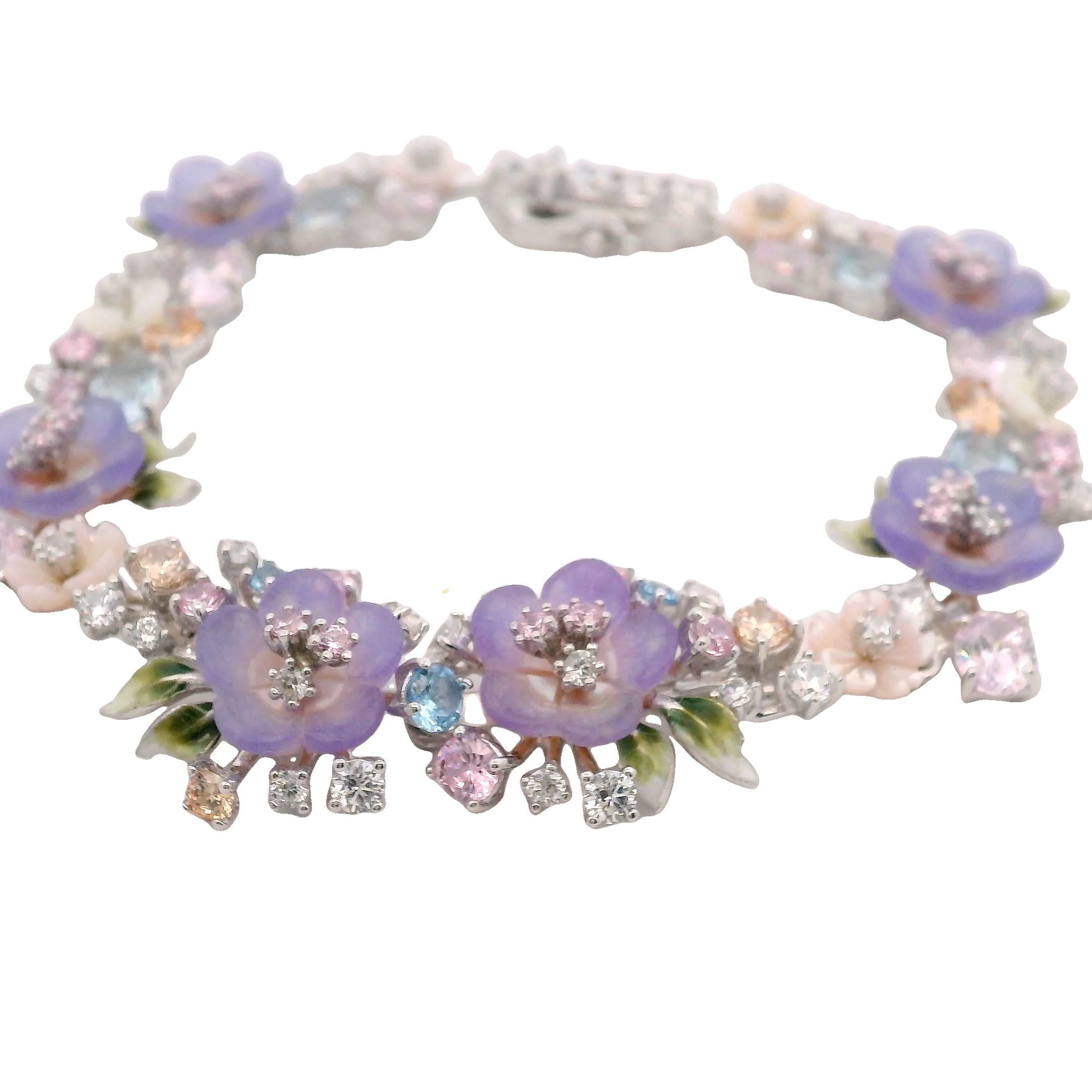 925SL LINKS OF FLOWERS PURPLE AND MIX STONE BRACELET