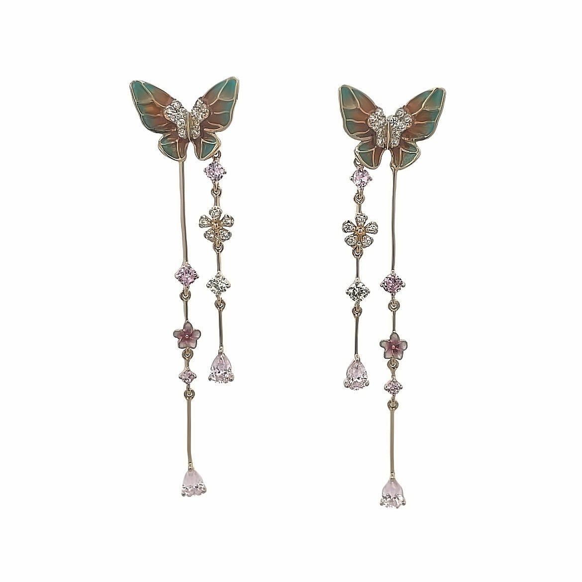 925YG LARIAT FLOWER AND CRYSTAL PINK AND BUTTERFLY EARRINGS