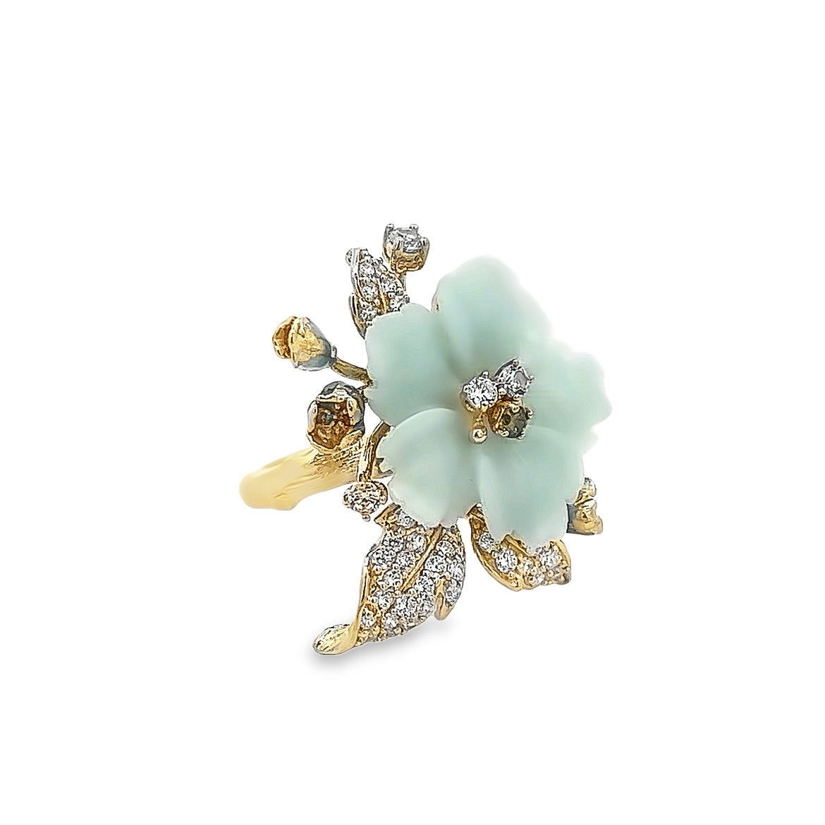 RING SILVER CENTER FL  BLUE QUARTZ PERIDOT CZ CHAMPANGE SYN BT  WHITE CZ