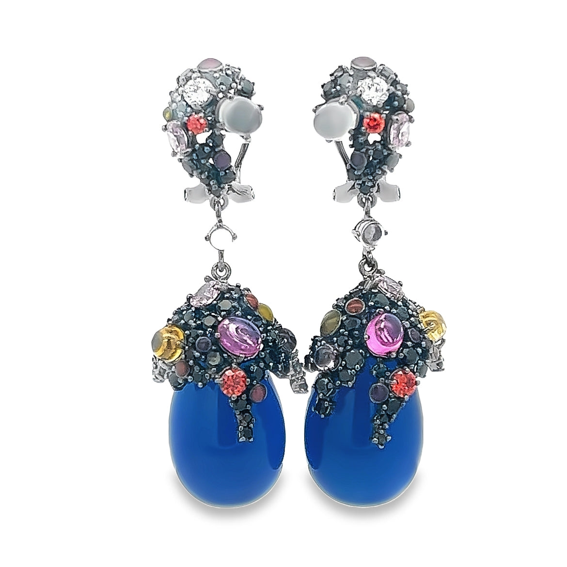EARRING SILVER CENTER BLUE AGATE MOON STONE PINK PURPLE ORANGE YELLOW WHITE