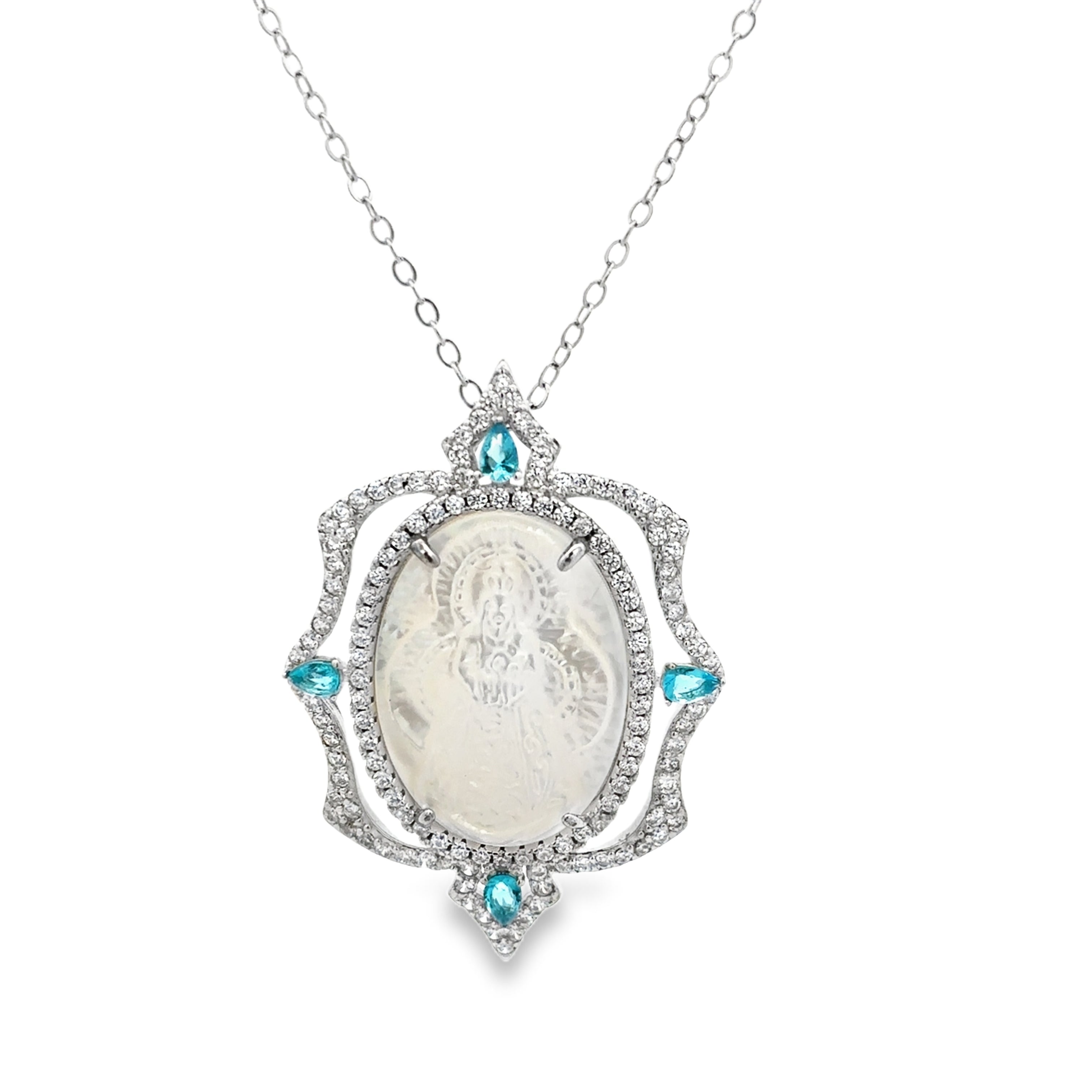 NECKLACE 925 SILVER VIRGIN OF THE ROSARY WITH STONES AQUA