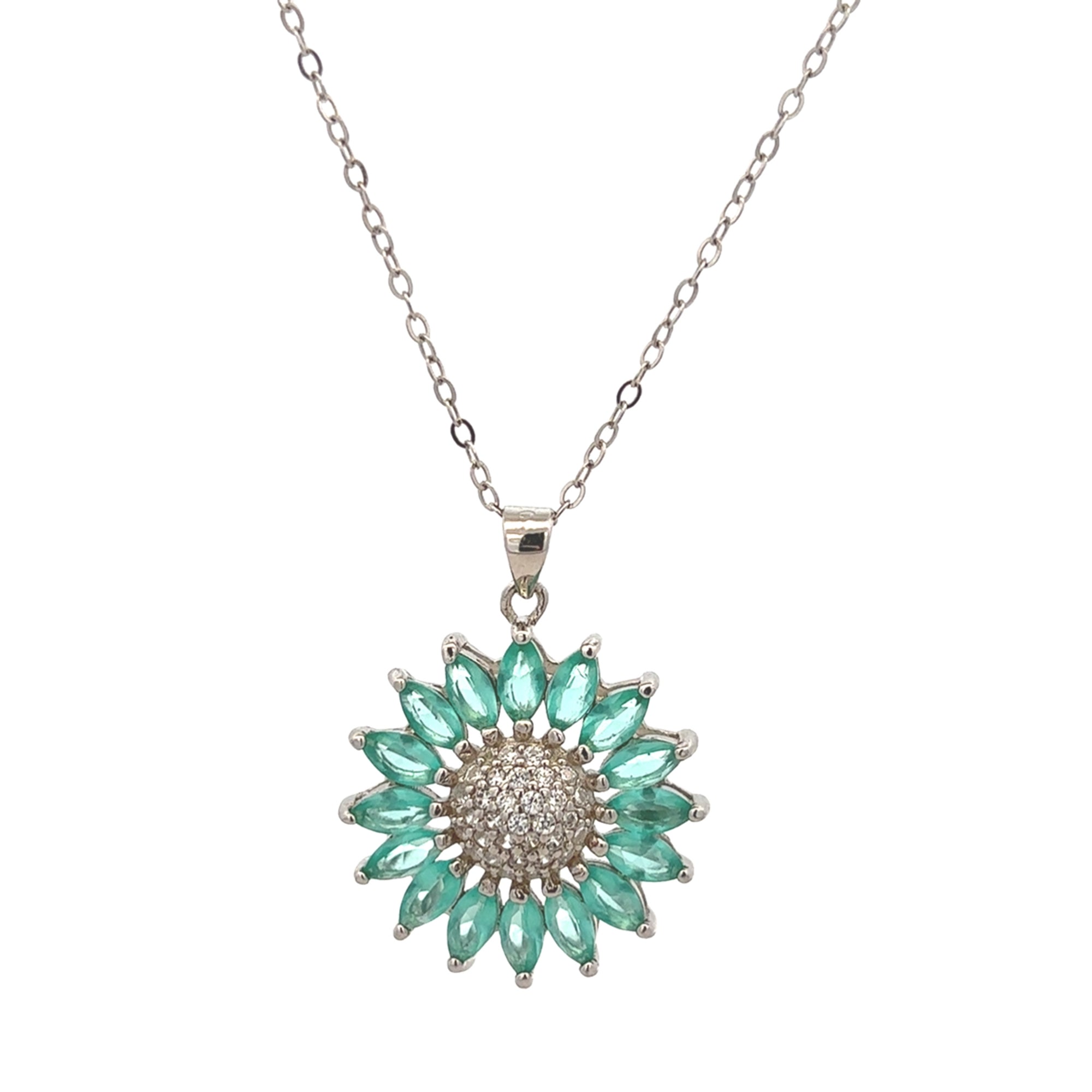 COLLAR DE FLOR CON CRISTALES MENTA EN PLATA 925