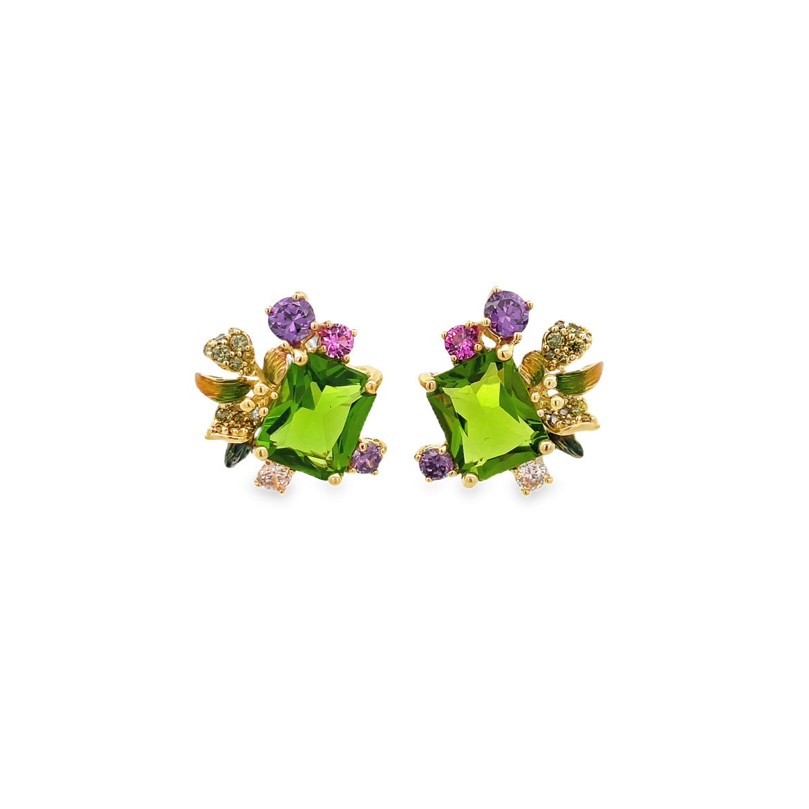 925YG BUNCH CRYSTAL GREEN SQUARE PINK PURPLE EARRINGS
