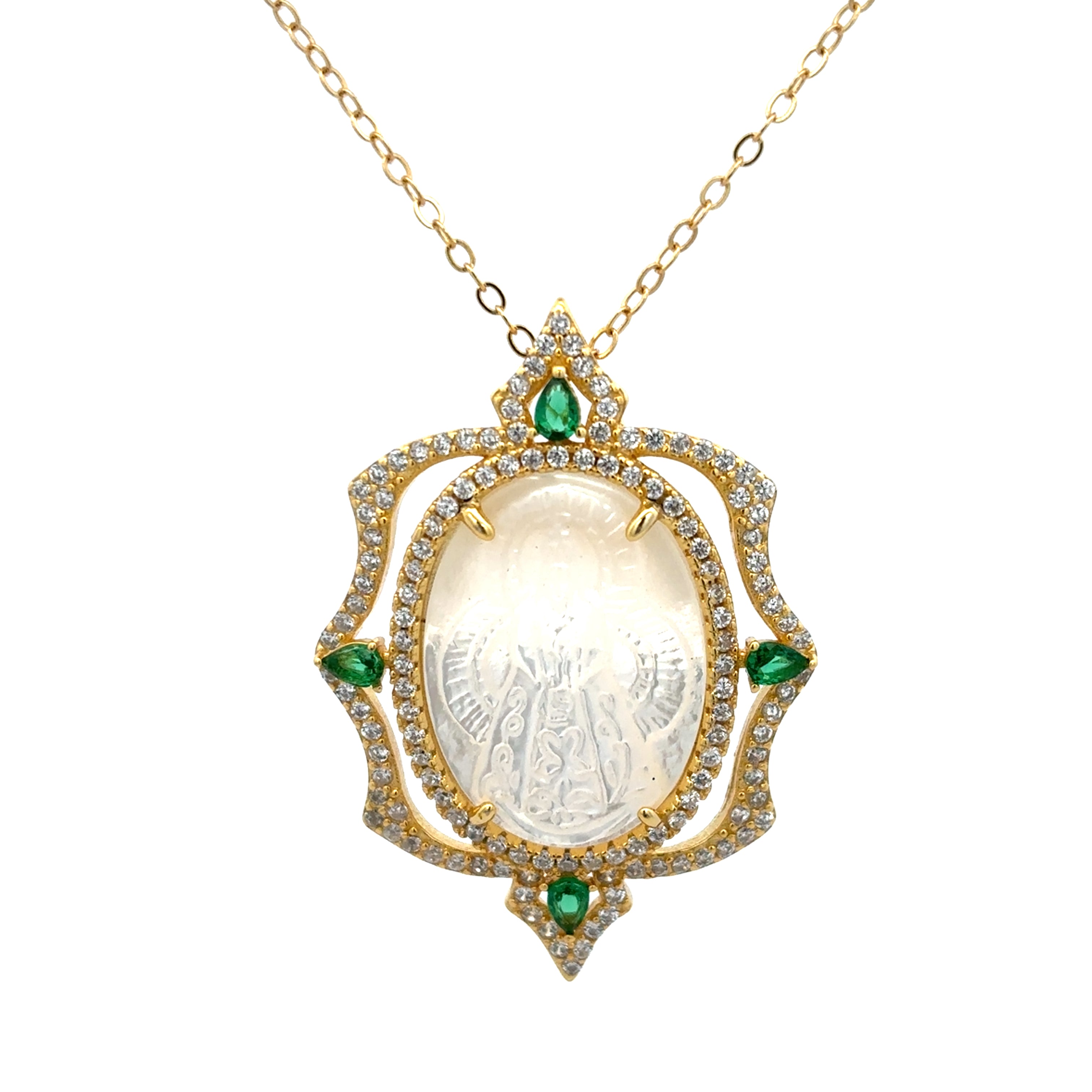 NECKLACE 925 SILVER VIRGIN OF THE ROSARY WITH STONES GREEN