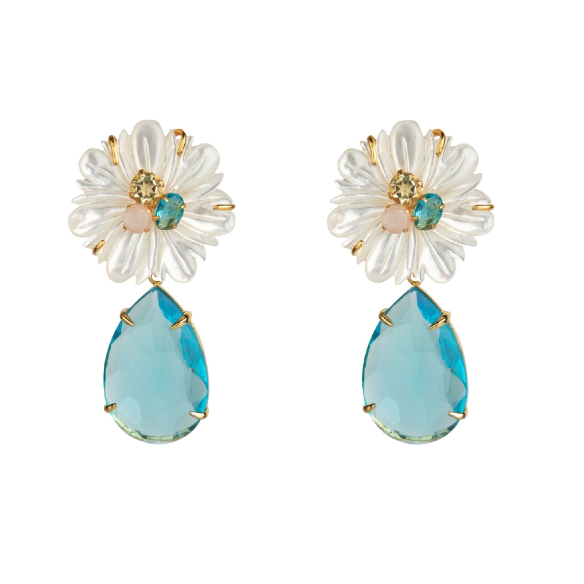 EARRINGS CARVED MOTHER OF PEARL FLOWER WITH LEMON BLUE & ROSE QUARTZ CENTER AND 30X20 BLUE QUARTZ PE