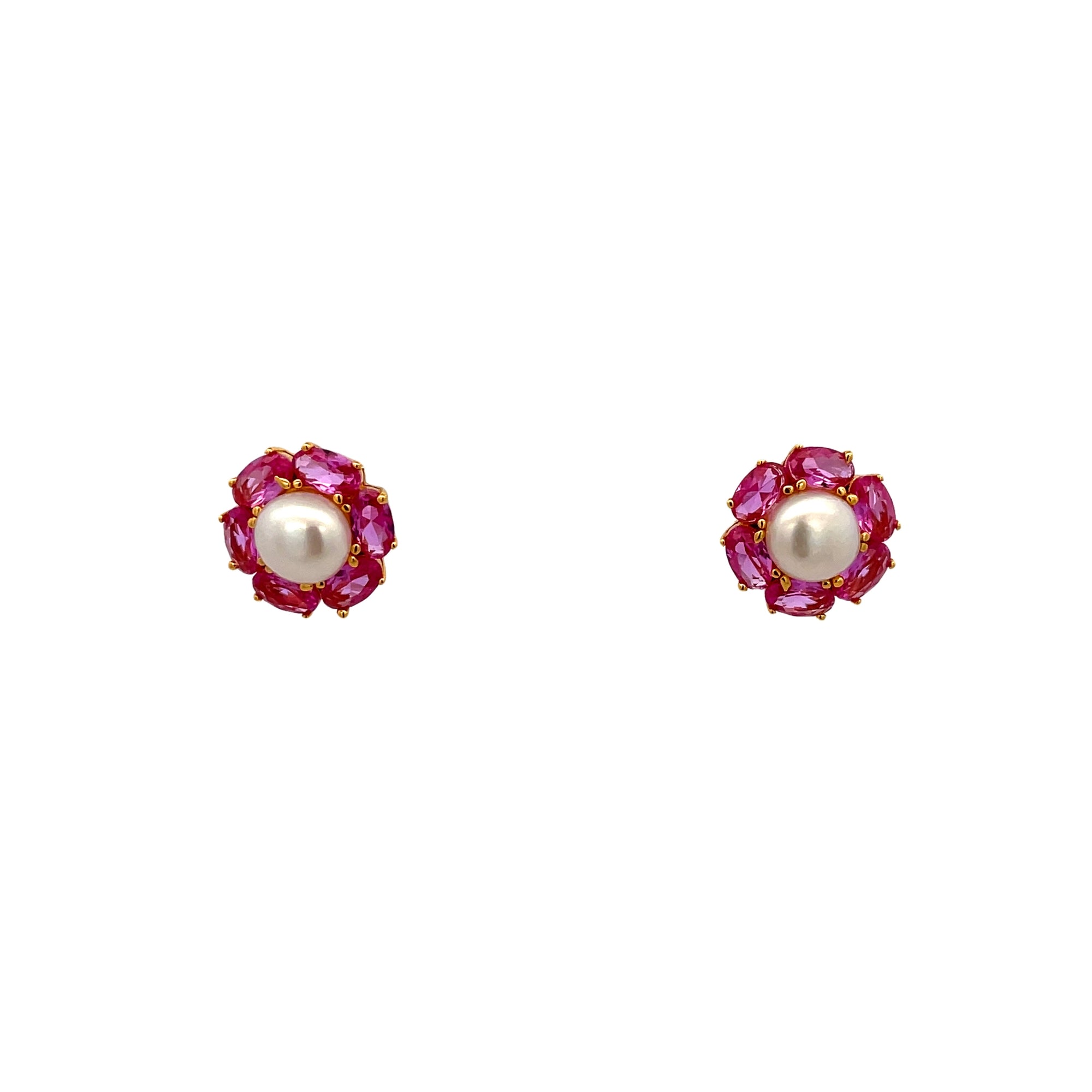925YG FLOWER WITH 6 PETALS AND PEARL CENTER CZ PINK EARRINGS