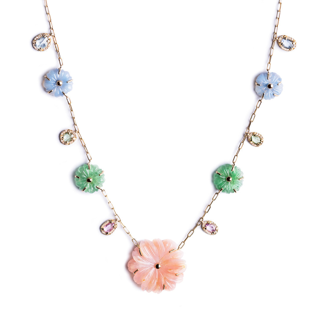 D0.34 CT COLLAR ORO AMARILLO 14KT CON FLORES OPALO ROSADO CALCEDONIA CUARZO AVENTURINA Y MULTI ZAFIROS