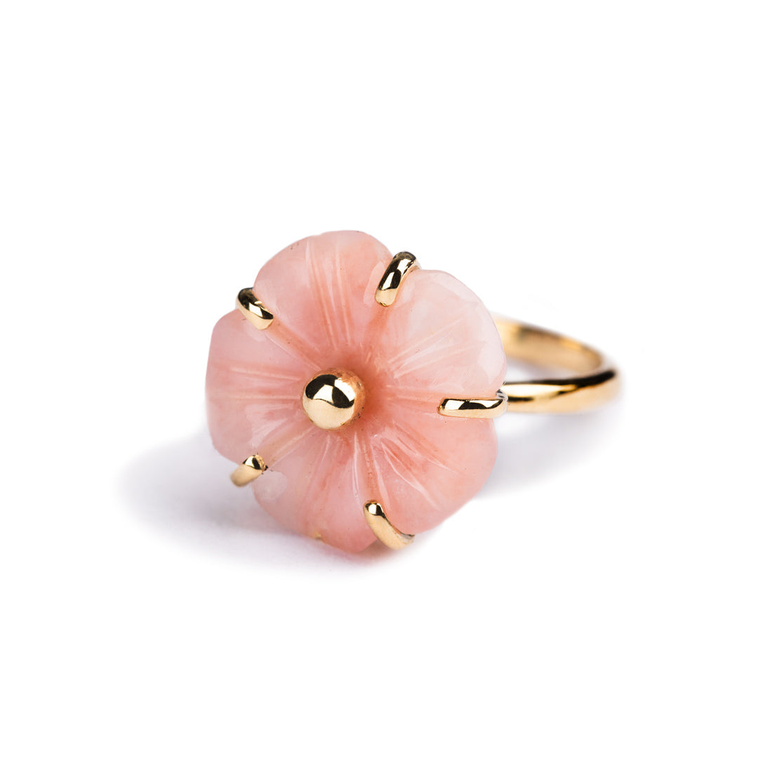 ANILLO SOLITARIO DE ORO AMARILLO 14KT CON FLOR OPALO ROSADO