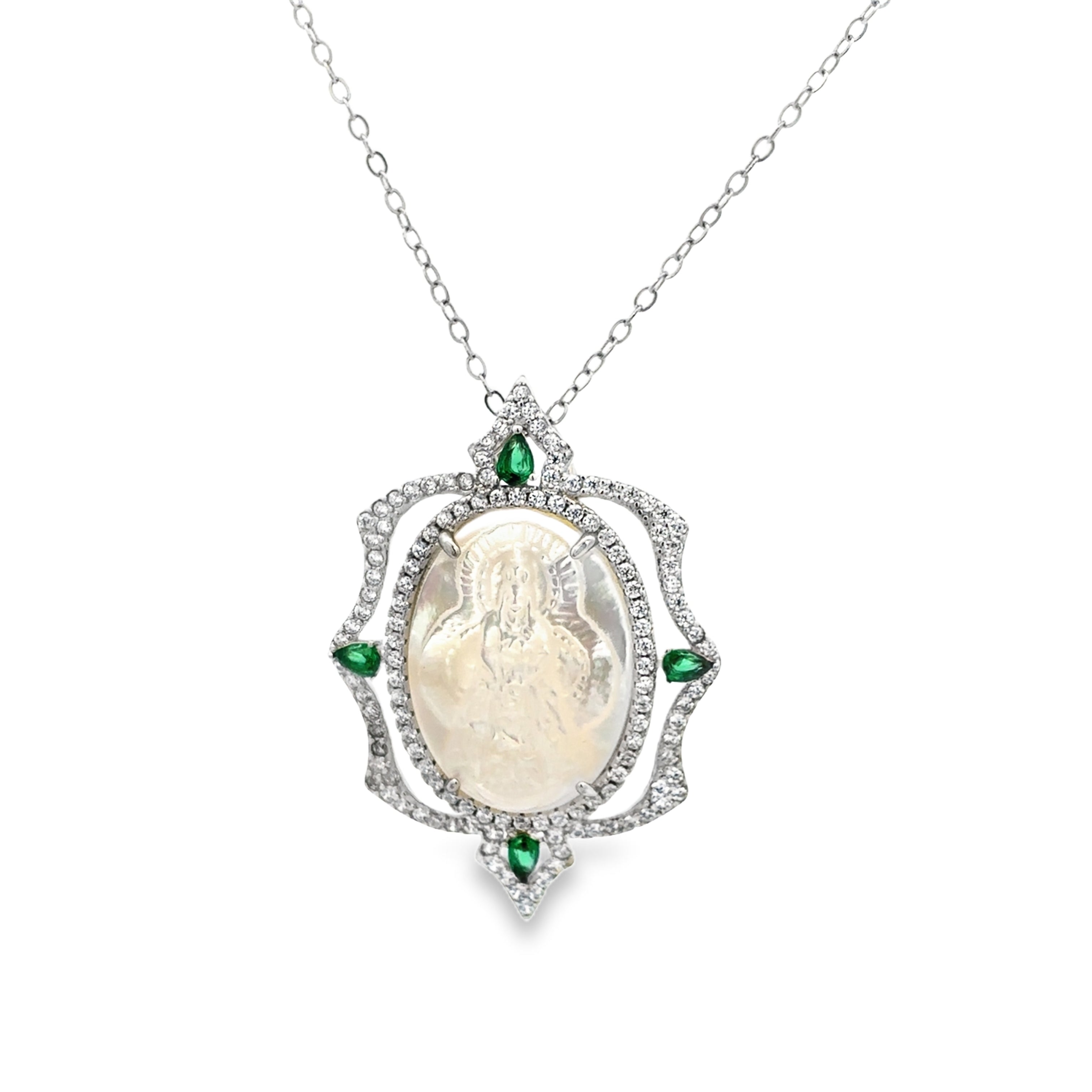 NECKLACE 925 SILVER VIRGIN OF THE ROSARY WITH STONES GREEN