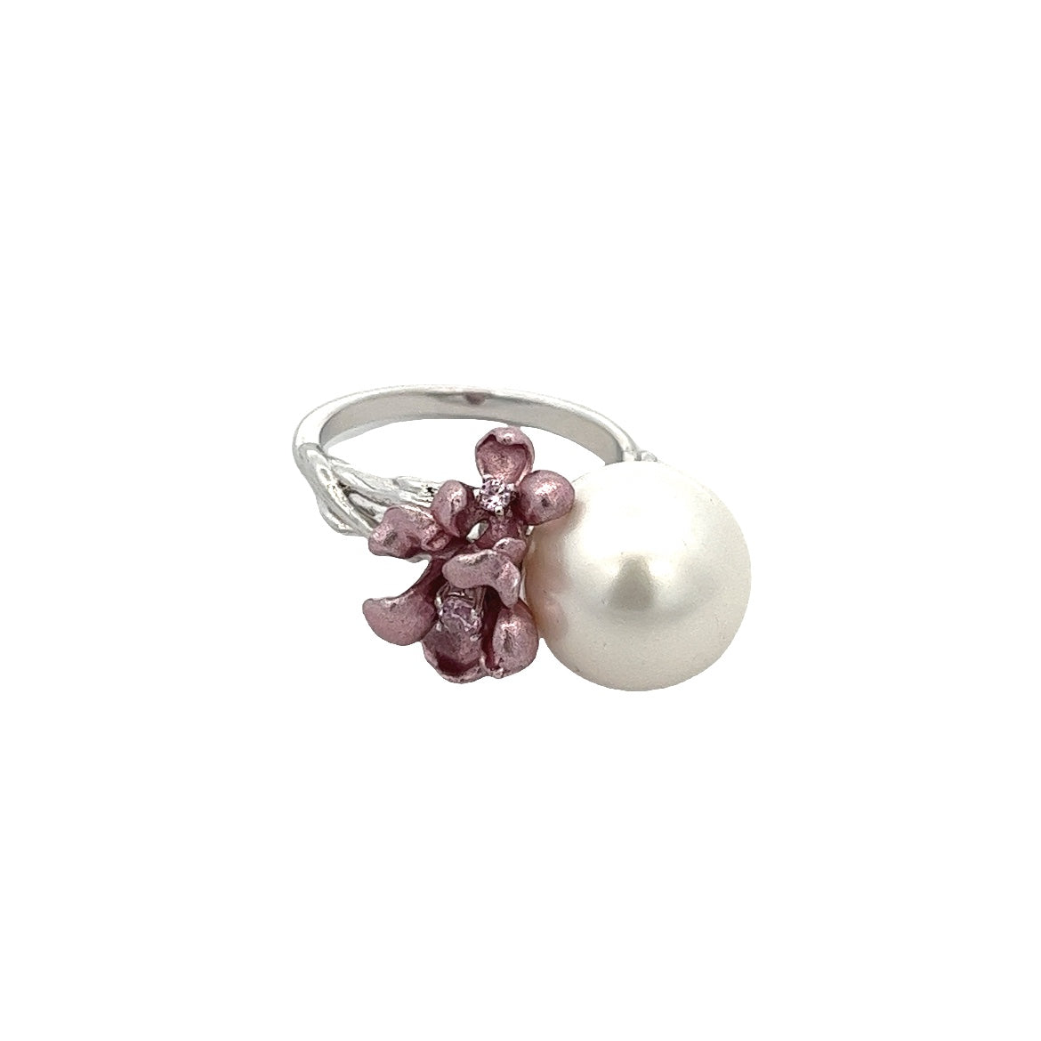 RING WITH PEARL AND PINK FLOWERS