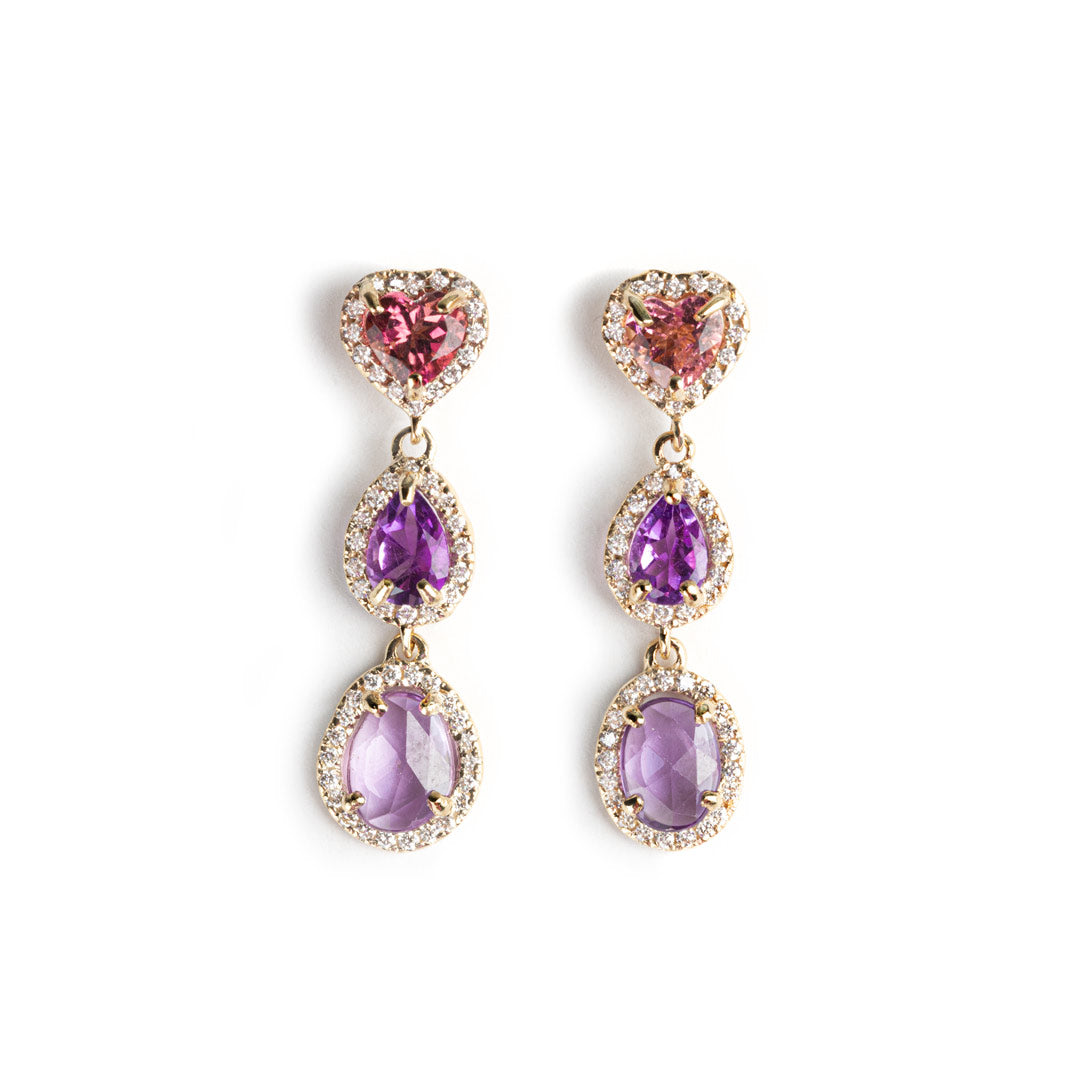 D0.54 CT ARETES ORO AMARILLO 14KT CON CORAZON RUBY AMATISTAS Y TURMALINAS