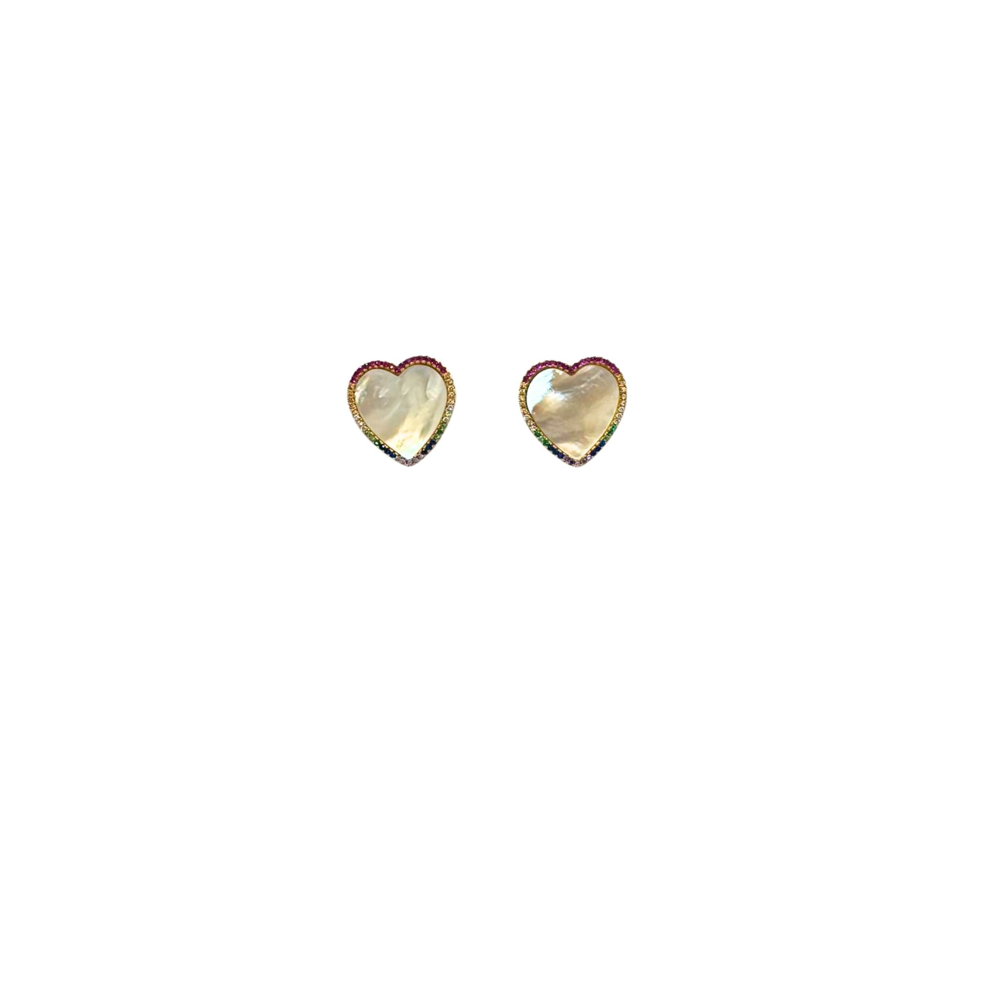 ARETES DE CORAZON DE CONCHA NACAR CON CRISTALES MULTICOLOR EN PLATA 925 CON BAÑO DE ORO AMARILLO