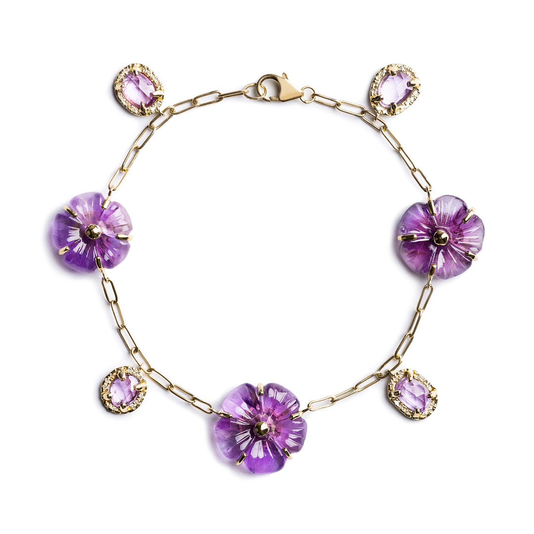 D0.29 CT PULSERA ORO AMARILLO 14KT CON FLORES AMATISTA Y AMATISTA POLKI