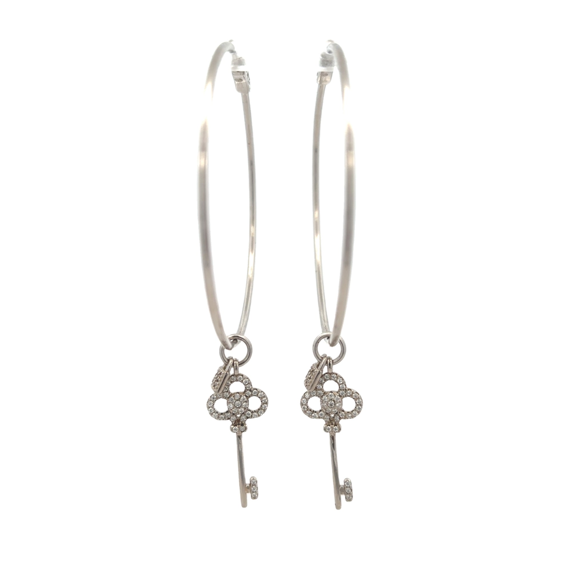EARRINGS HOOP STERLING SILVER COLOR CZ KEY CHARM