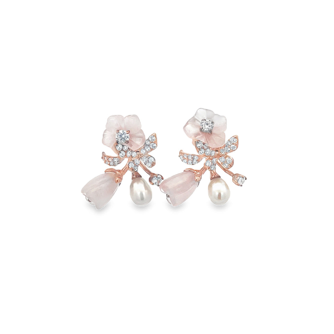925RG CARVED ACRYLIC TRANSLUCENT PINK FLOWER BUTTERFLY AND PEARL. EARRINGS