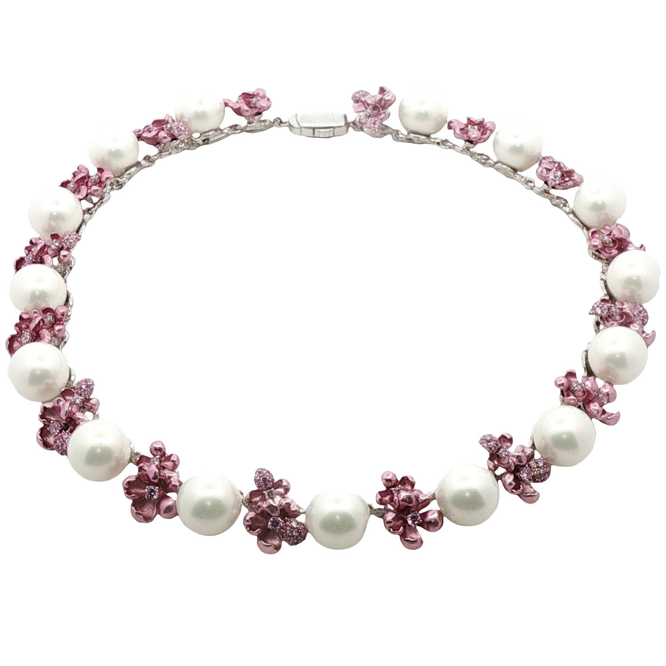 925SL FLOWERS ALUMINIUM PINK AND PEARLS WHITE CZ NECKLACE
