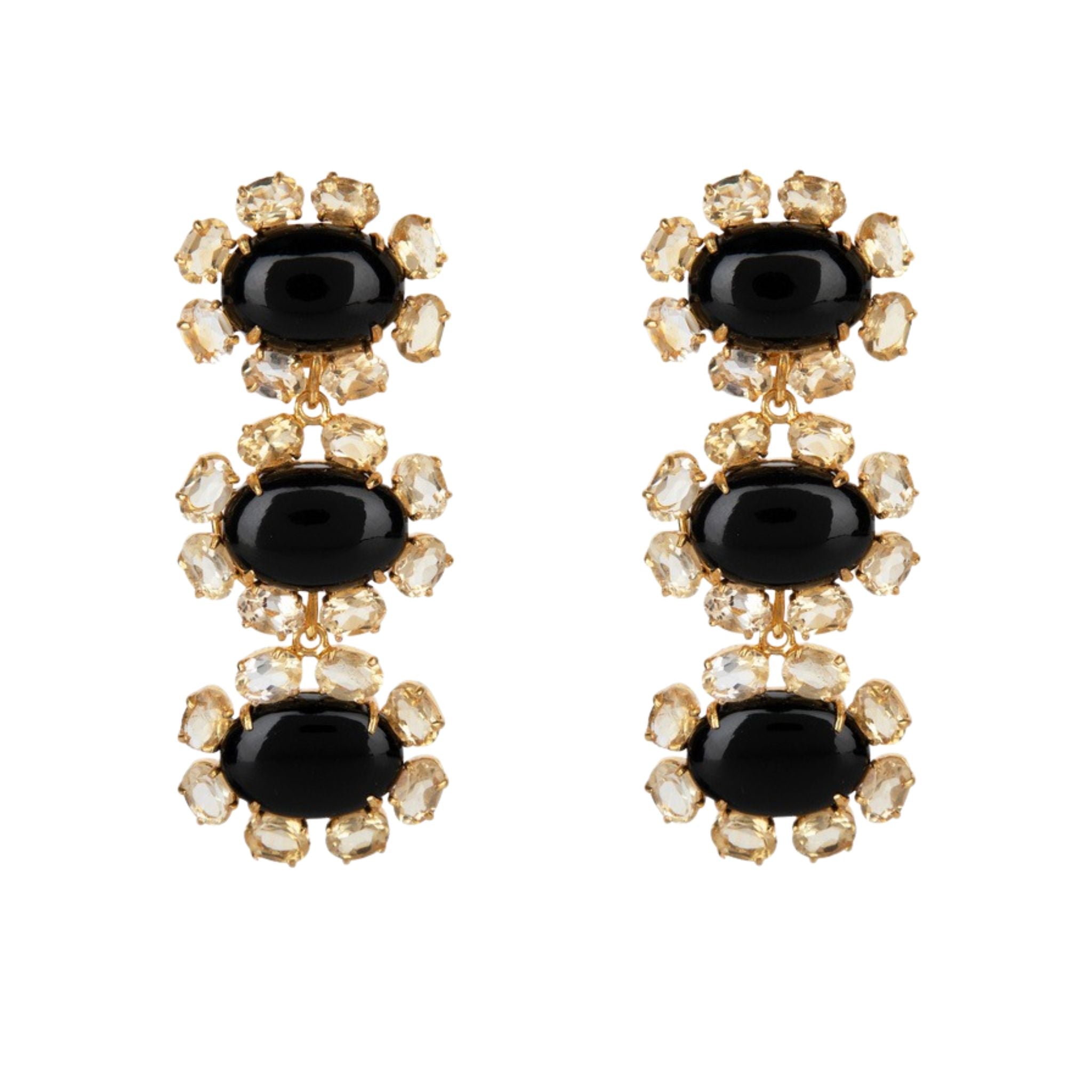 EARRINGS ROW OF THREE OVAL 16X11 BLACK ONYX CABOCHON SURROUNDED WITH 6X4 OVAL CUT CITRINE
