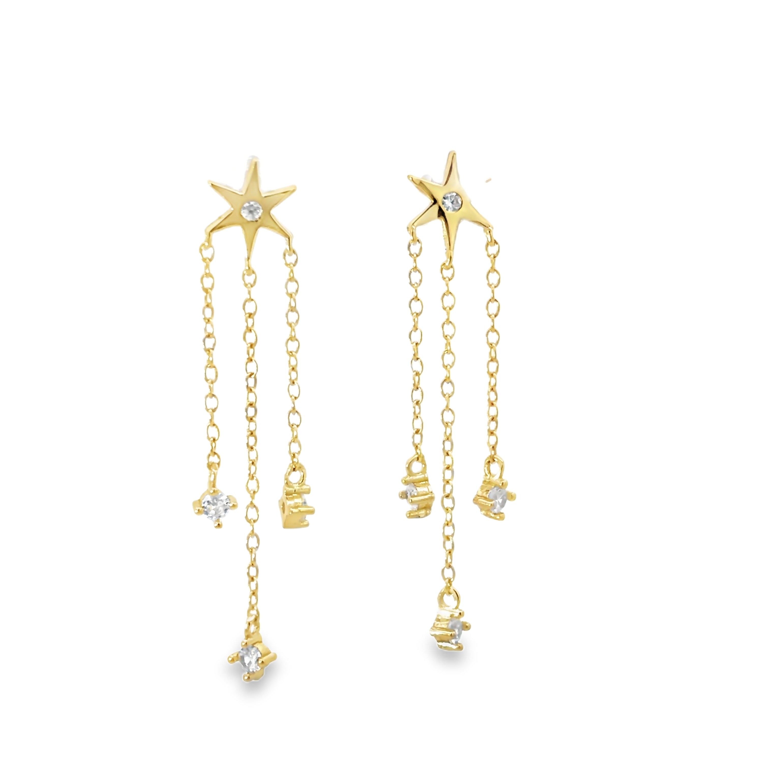 STAR EARRINGS DANDLING CRYSTALS 925 GOLD PLATED