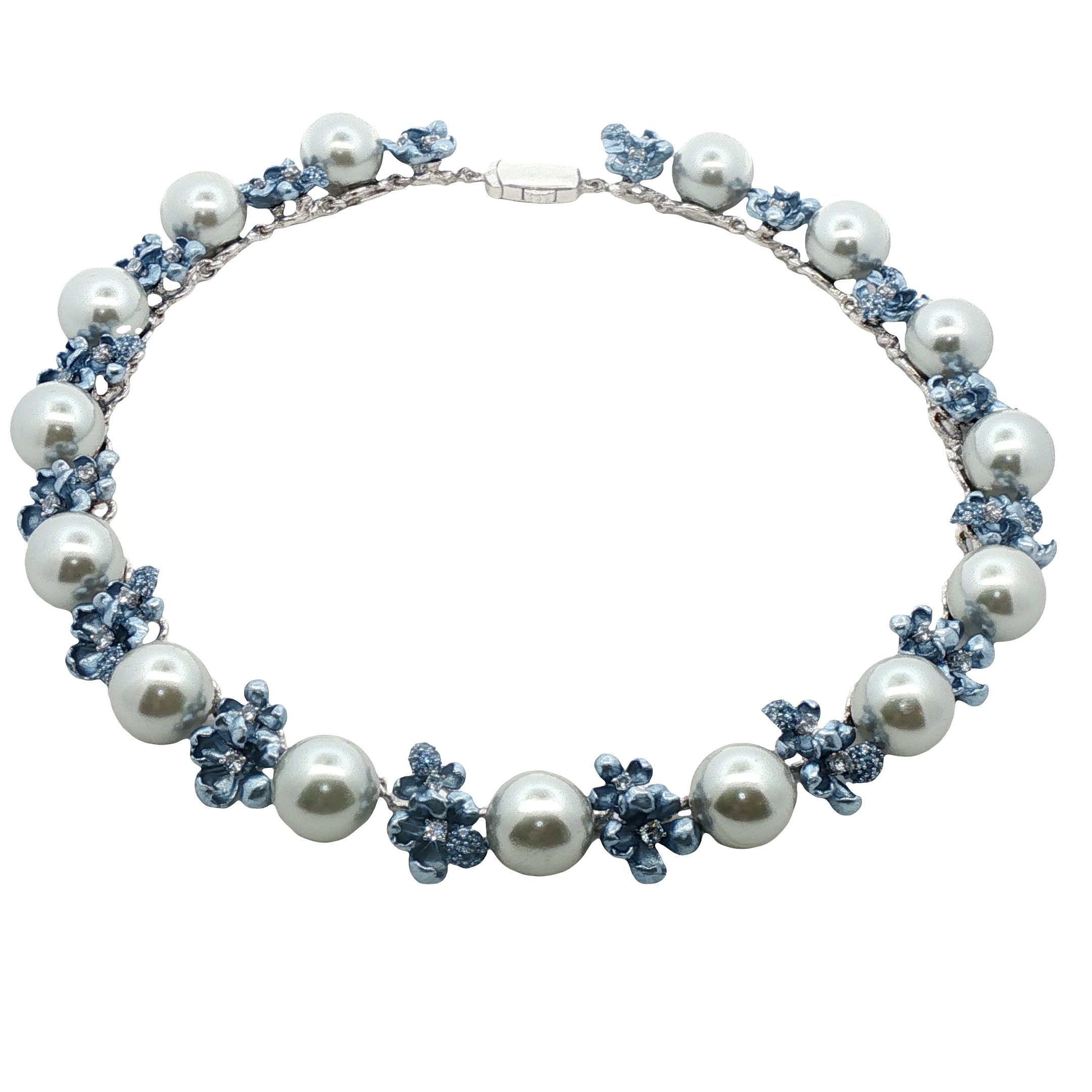 925SL FLOWERS ALUMINIUM BLUE AND PEARLS GREY CZ NECKLACE
