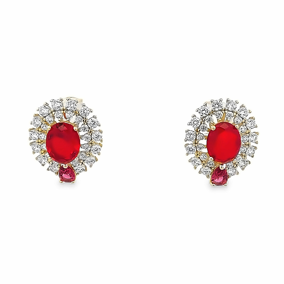 ARETES CON CRISTALES ROJOS Y BLANCOS EN PLATA 925 CON BAÑO DE ORO AMARILLO