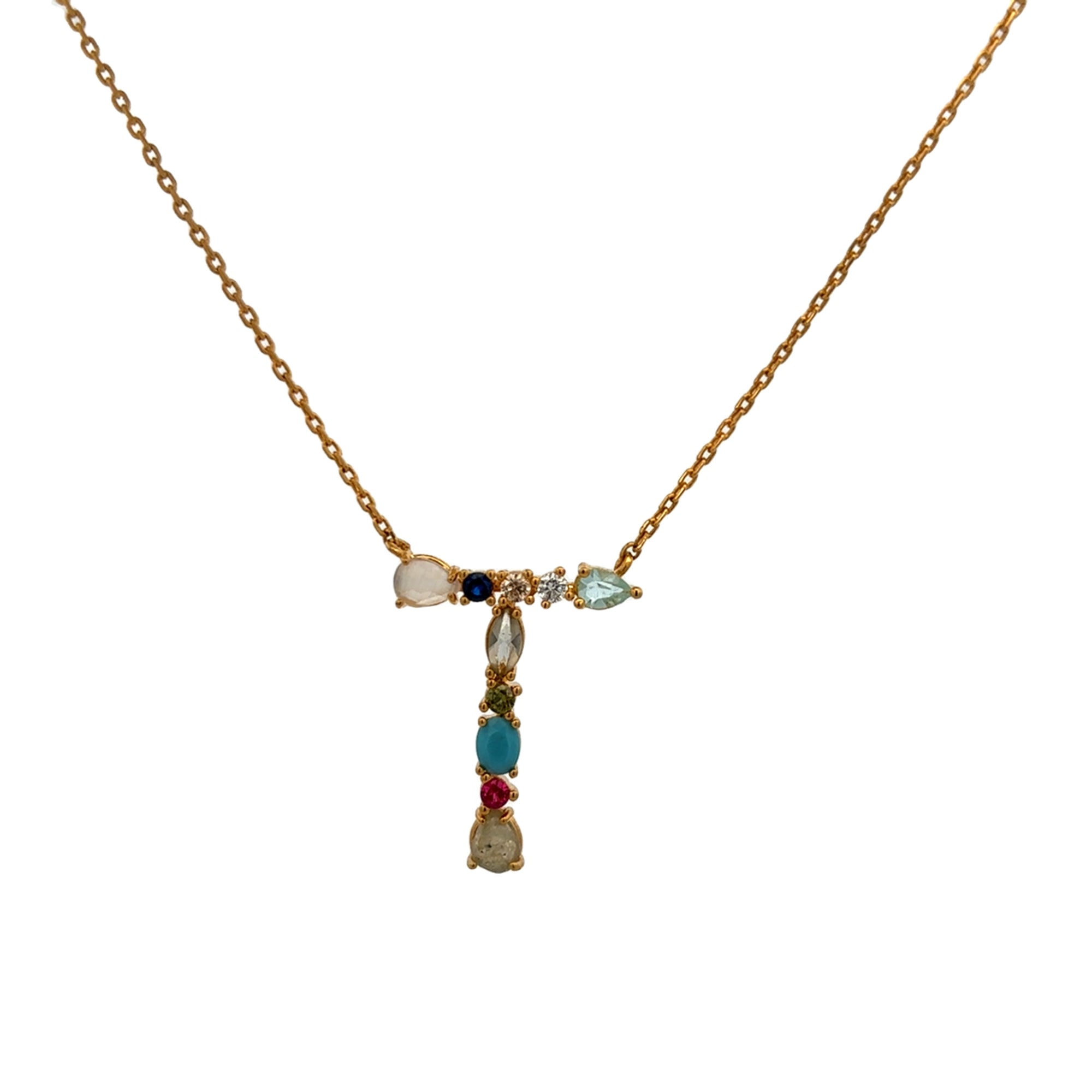 COLLAR CON BAÑO DE ORO AMARILLO INICIAL T CON PIEDRAS