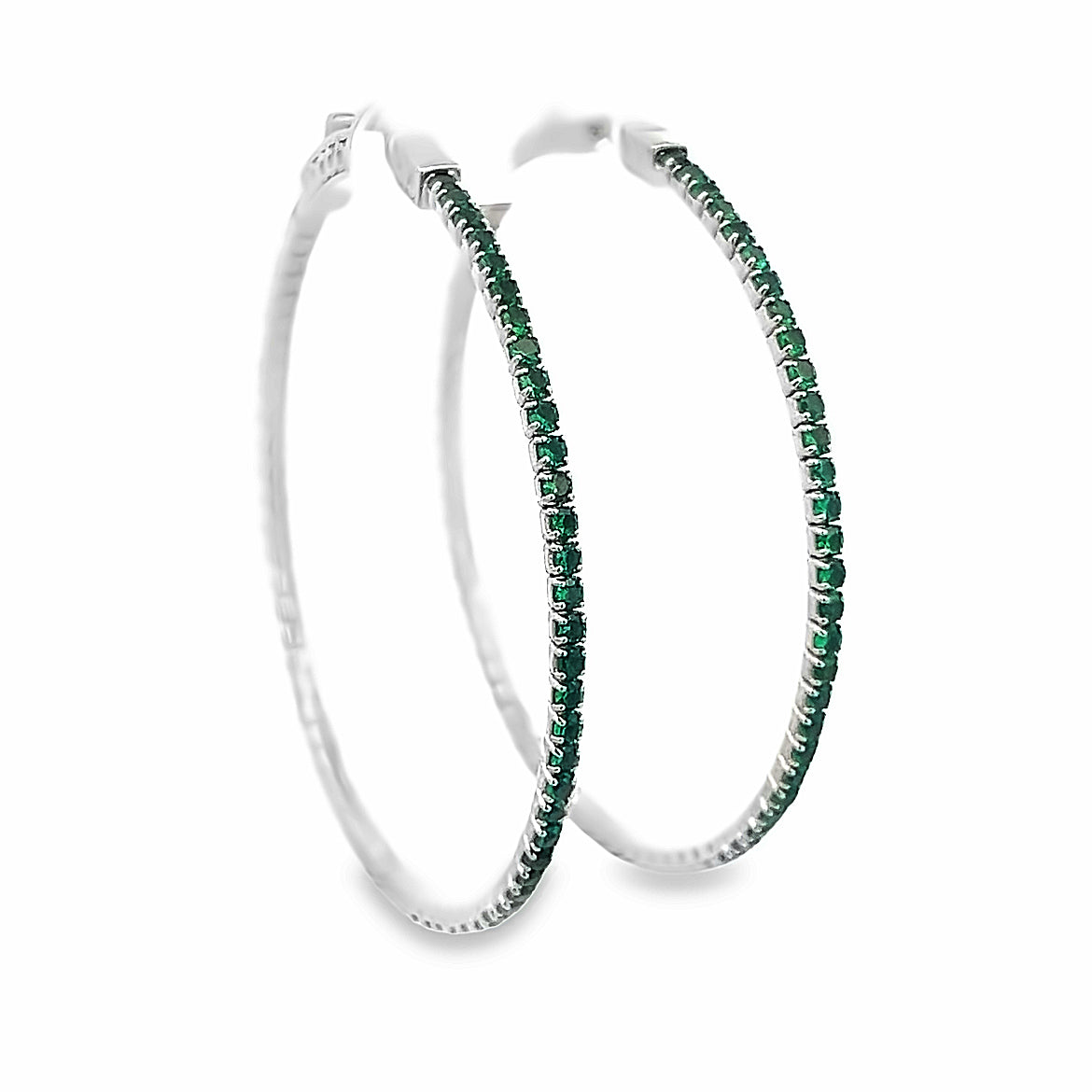 925 50MM STERLING SILVER GREEN CZ STRETCHABLE HOOP EARRINGS