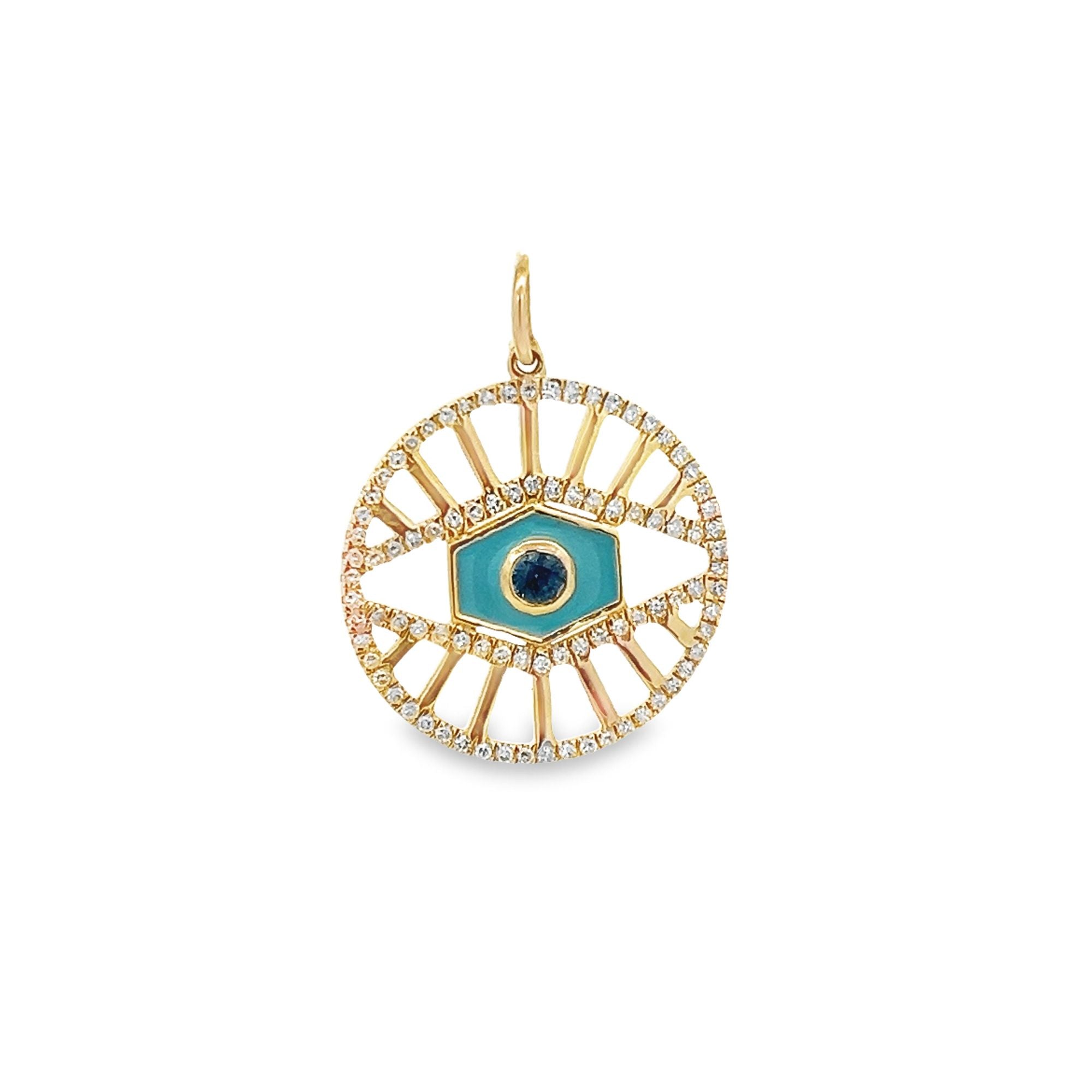 D0.38CT 14KY CIRCLE WITH EYE RECTANGLE IN THE CENTER AND LINES PENDANT BS0.25CT