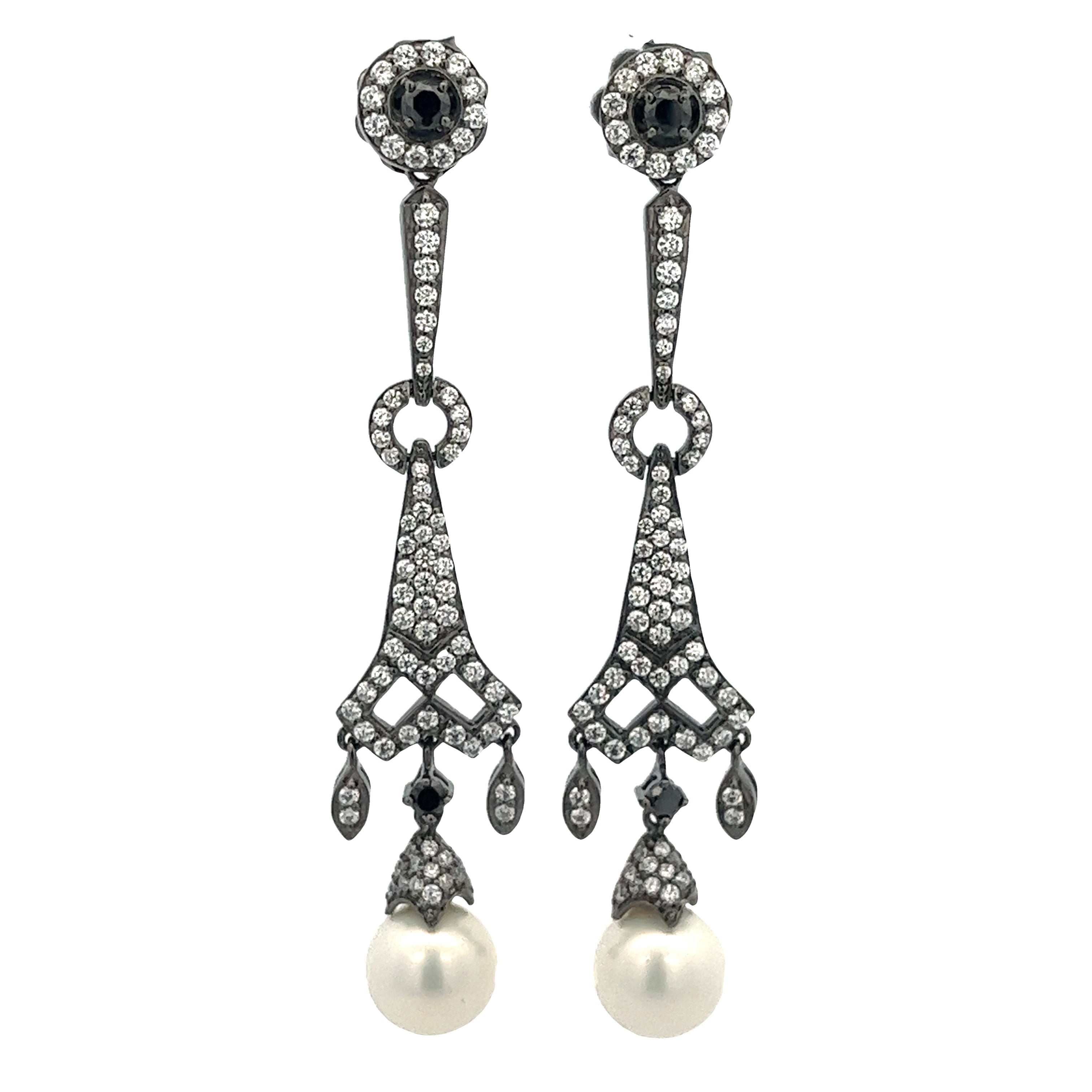 EARRING SILVER CENTER SYN WHITE PEARL BLACK CZ WHITE CZ