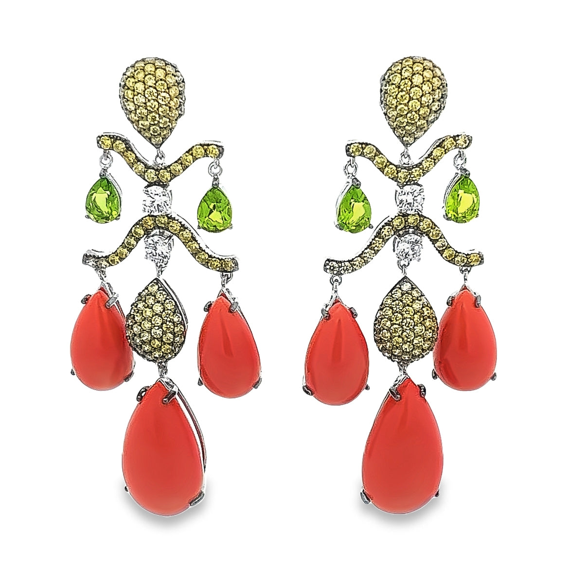 EARRING SILVER CENTER SYN CORAL ORANGE OLIVE CZ PERIDOT CZ WHITE CZ