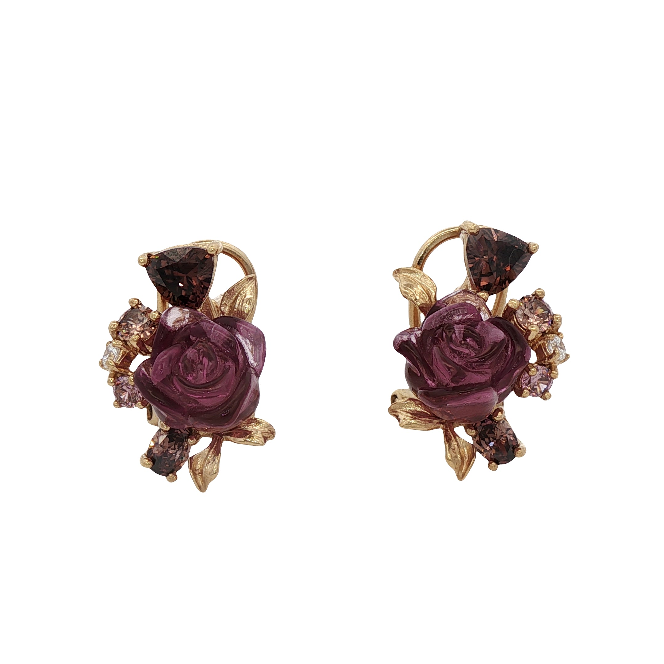 925YG FLOWER RESIN AMETHYST BROWN WHITE CZ EARRINGS