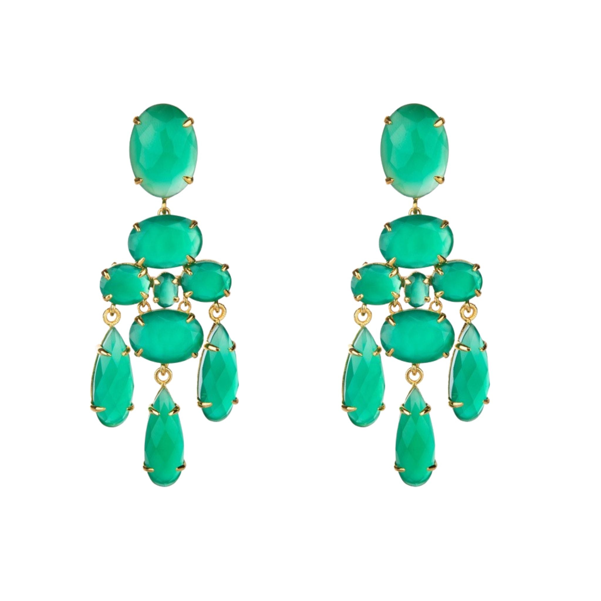 EARRINGS OVAL 18X13 TOP WITH CLUSTER OF OVALS AND THREE DROPS 26X8 ALL GREEN ONYX