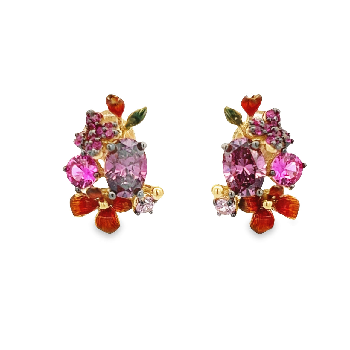 EARRING SILVER CERTER TOURMARINE RED CZ SYN RED    CZ PINK ORANGE ENAMEL